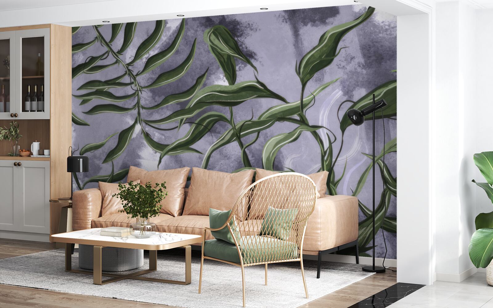 Fotobehang er zijn groene varenbladeren onder het water