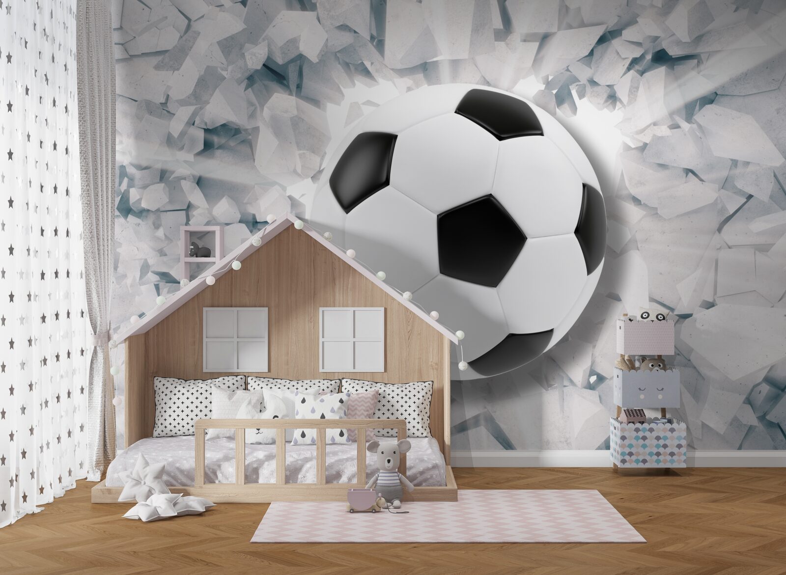 Fotobehang abstracte scène: een voetbal slaat tegen een muur