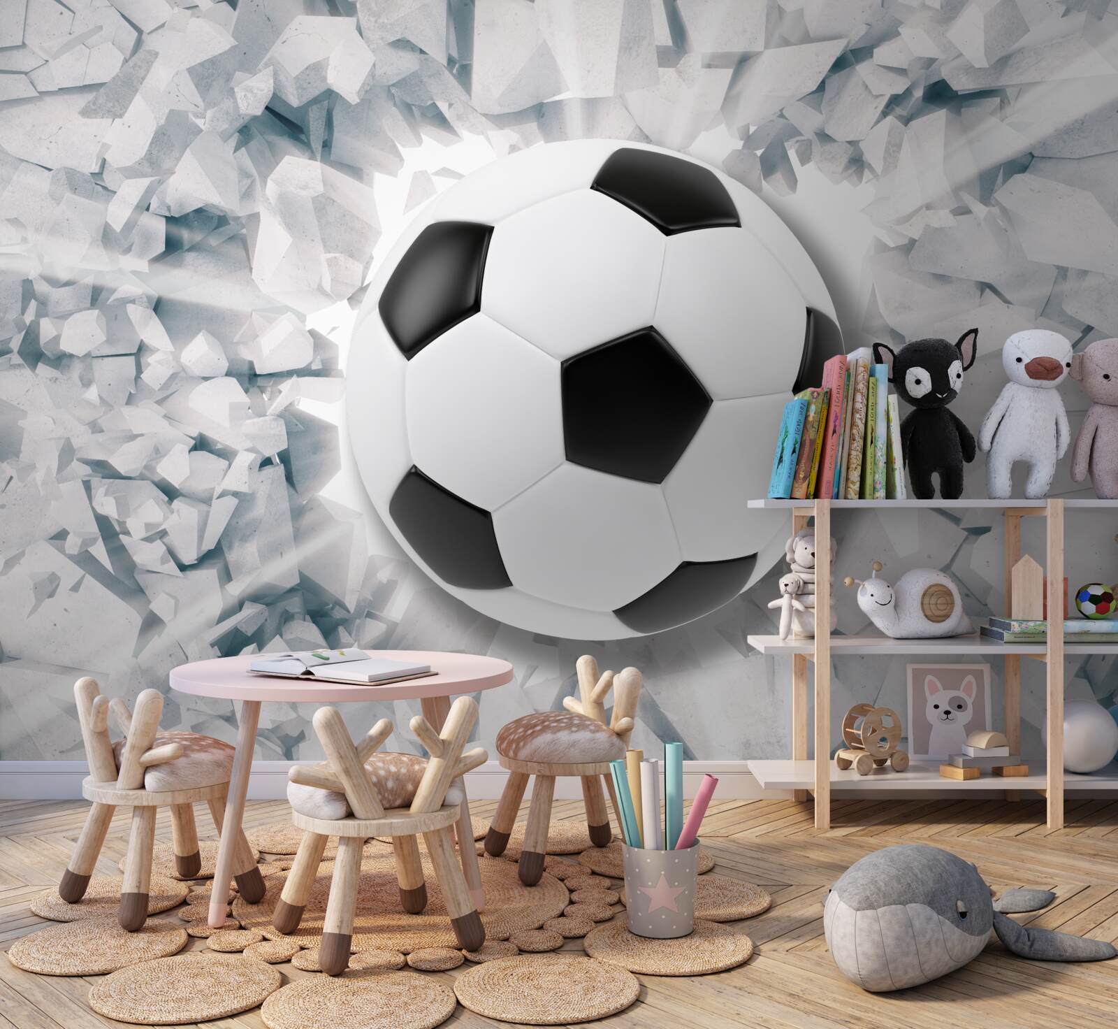 Fotobehang abstracte scène: een voetbal slaat tegen een muur
