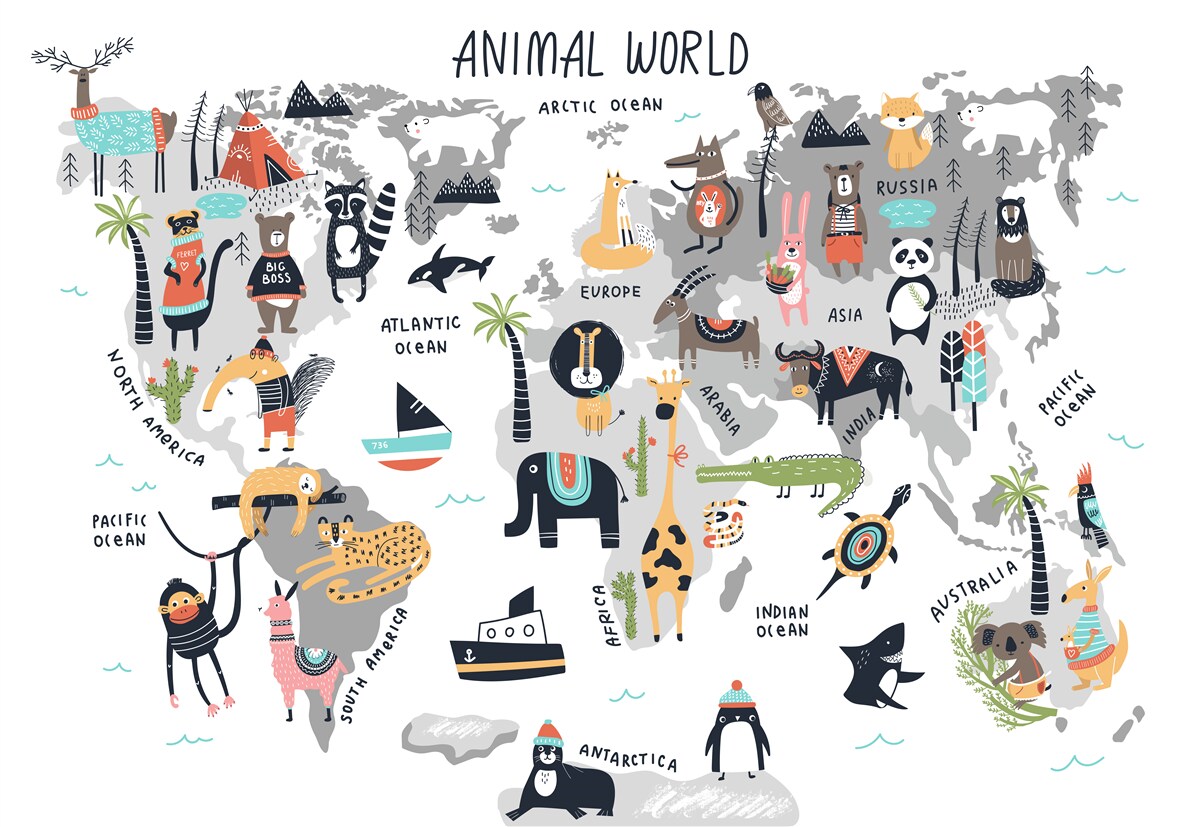 Fotobehang kaart van de belangrijkste dieren ter wereld