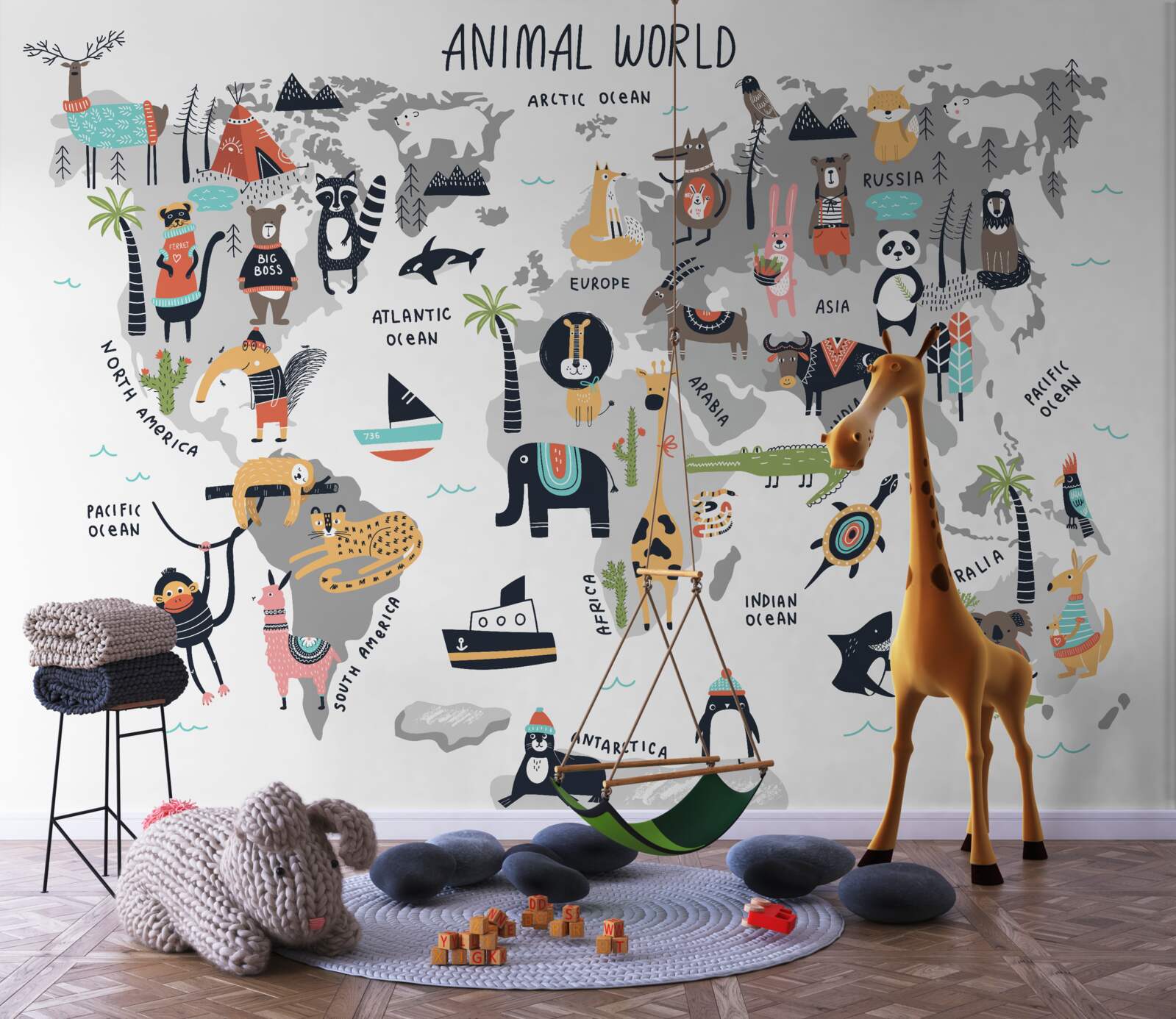 Fotobehang kaart van de belangrijkste dieren ter wereld