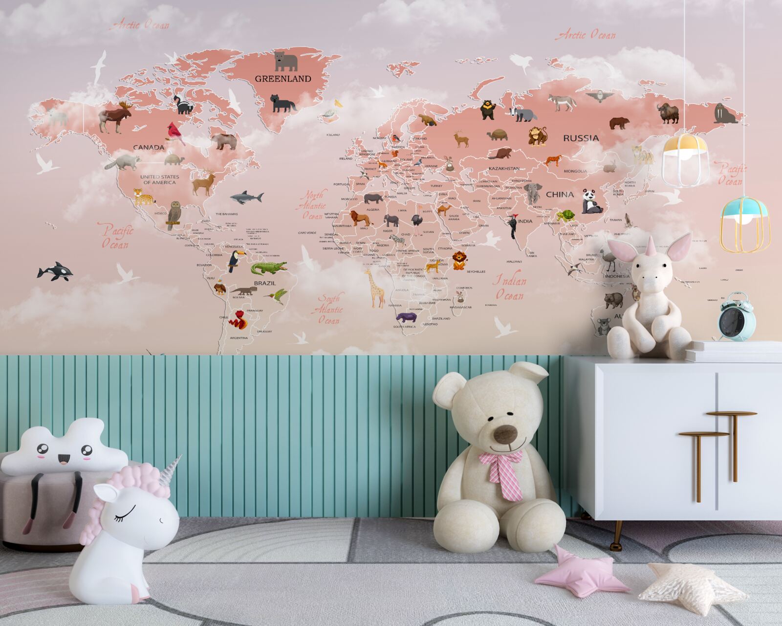 Fotobehang roze wereldkaart met afbeeldingen en namen van dieren