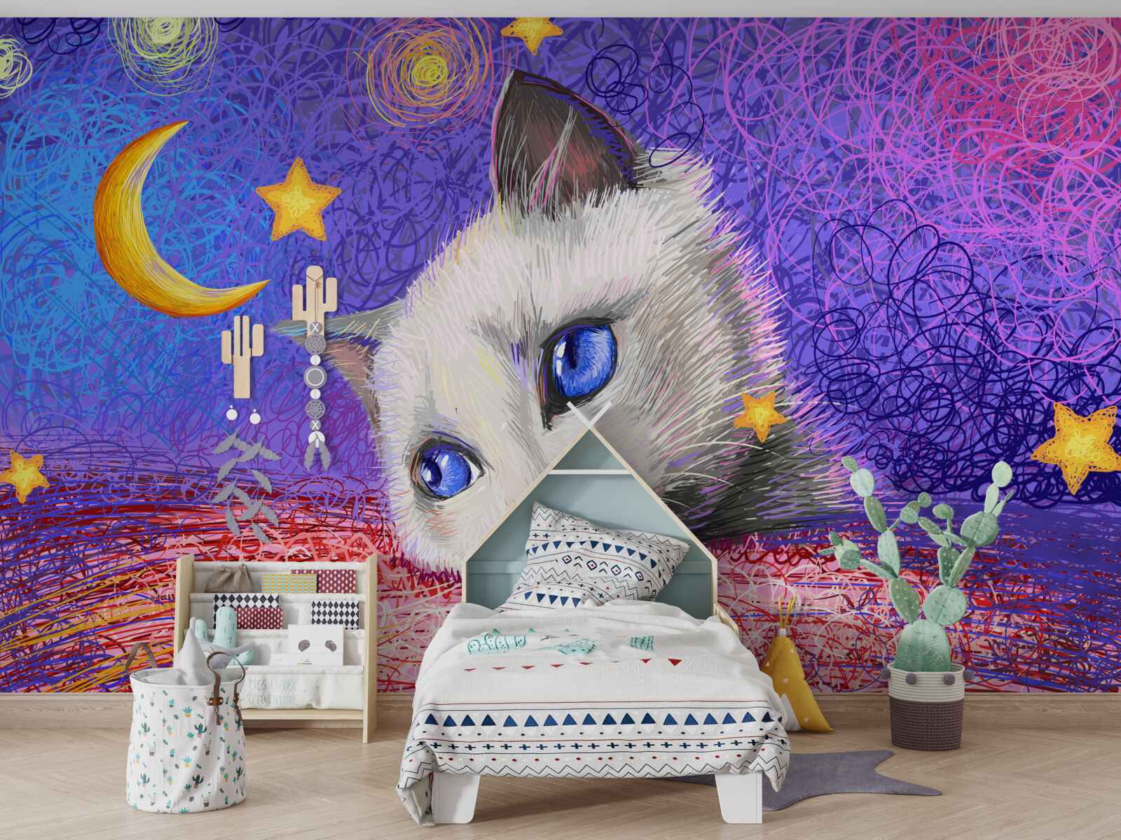 Fotobehang schattige kat kijkt naar de maan