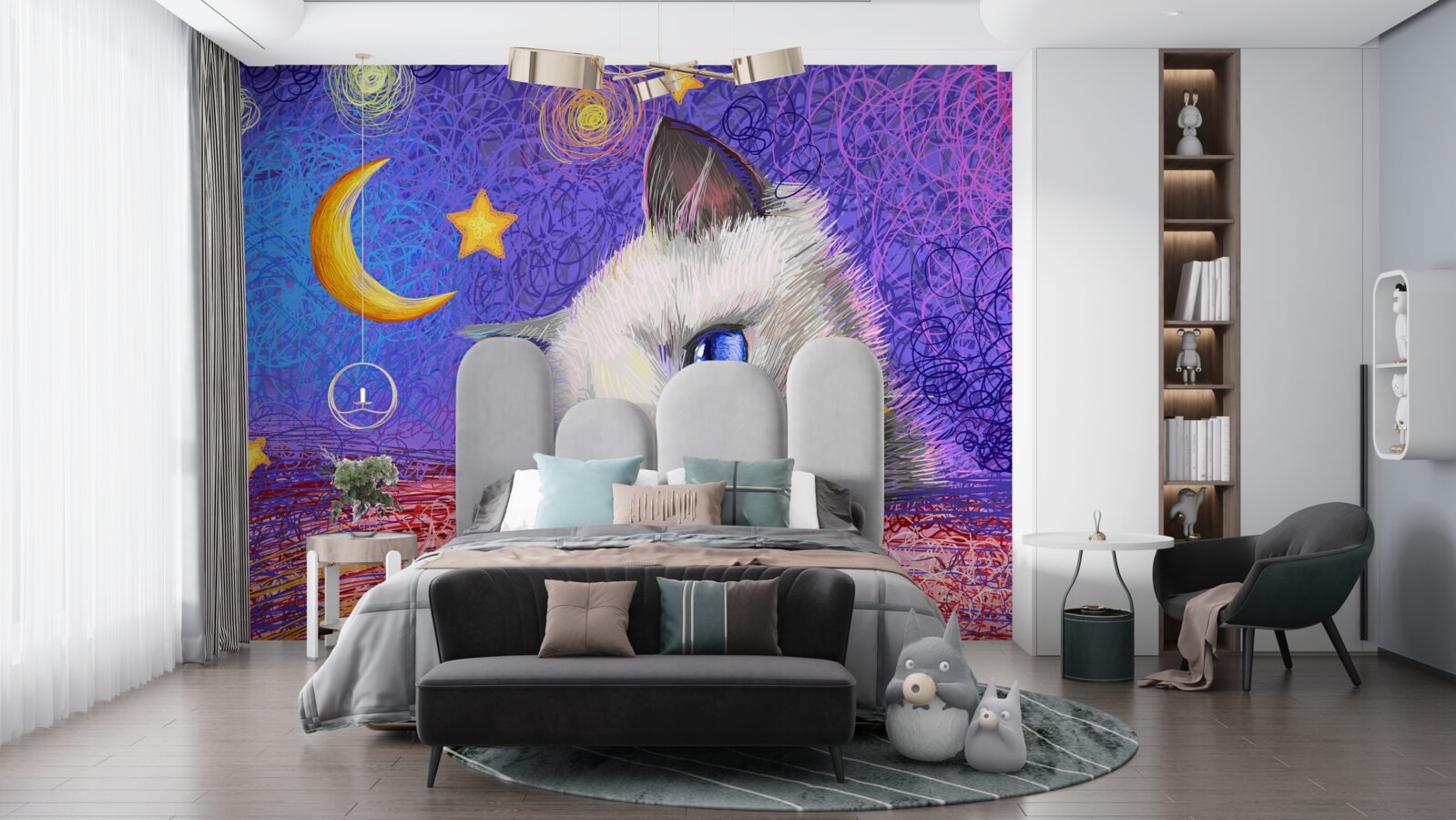 Fotobehang schattige kat kijkt naar de maan