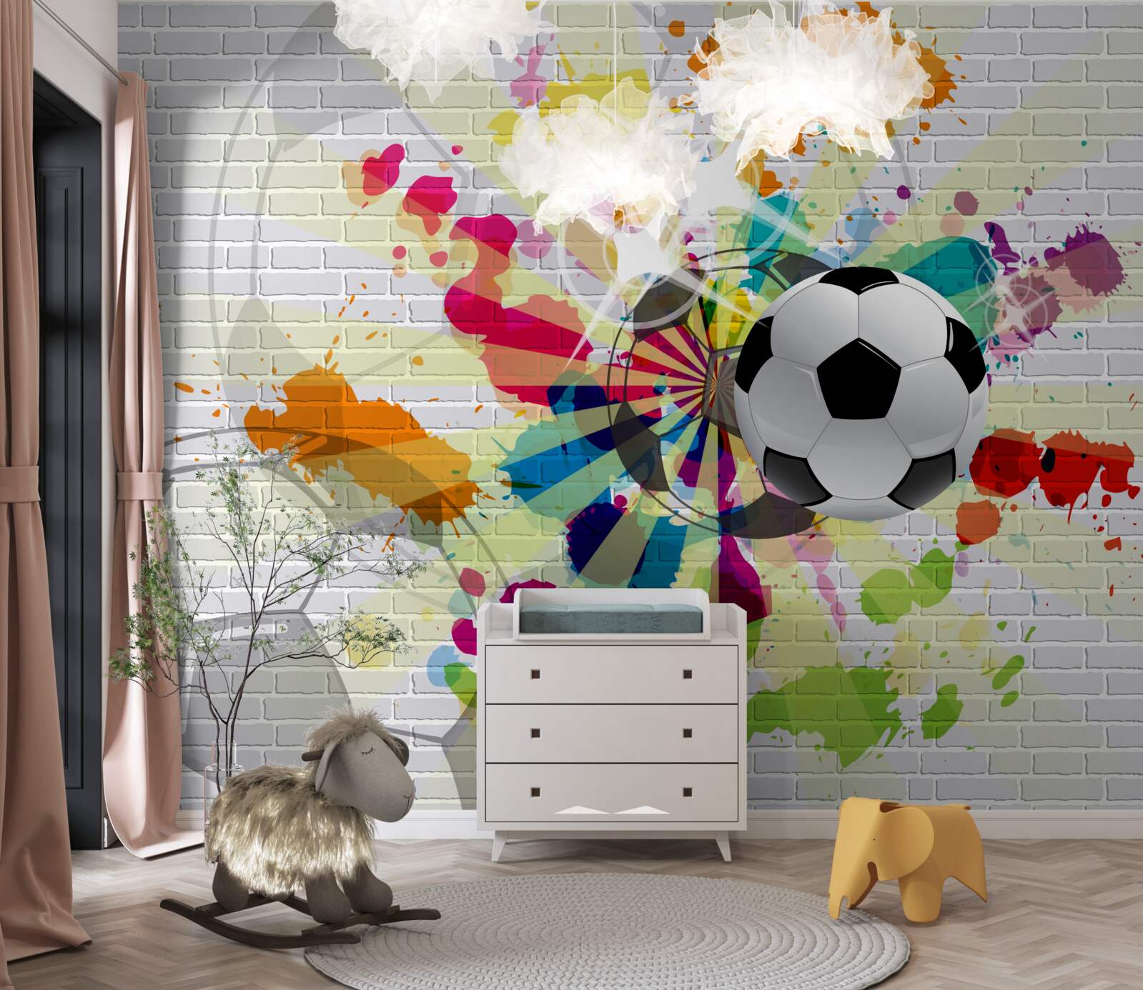 Fotobehang een foto van een voetbal in bloemen hangt aan de muur
