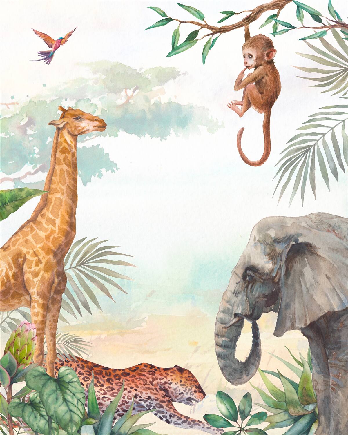 Fotobehang Giraffe bewondert aap in boom