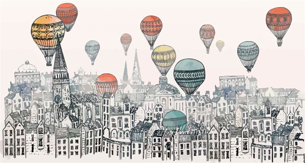 Fotobehang ballonnen zweven boven de stad