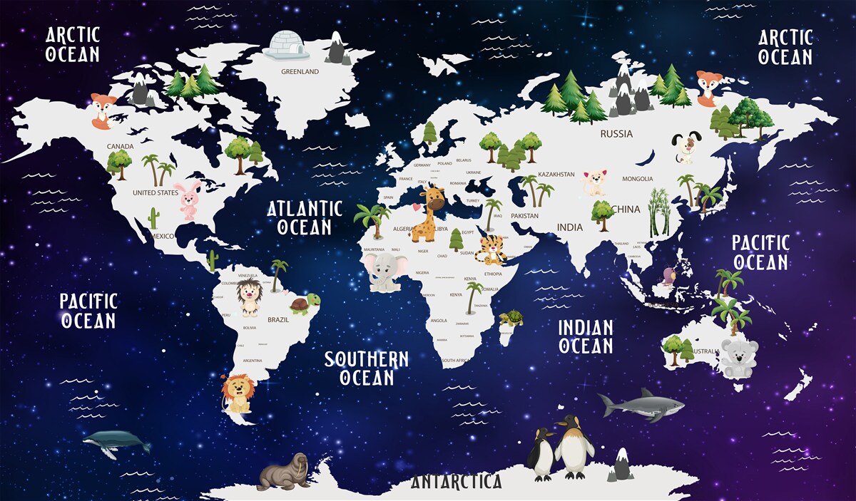 Fotobehang kaart van de wereld bij nacht met oceanen gemarkeerd
