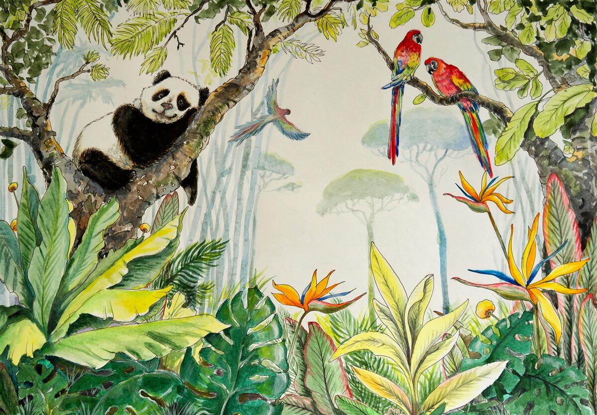 Fotobehang panda ontspant op de takken van een boom