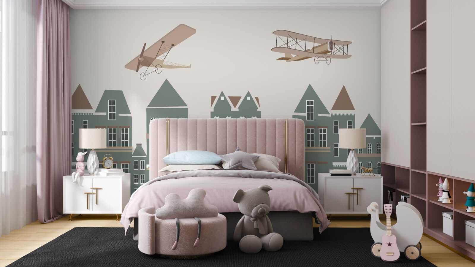 Fotobehang vliegtuigen zweven boven huizen