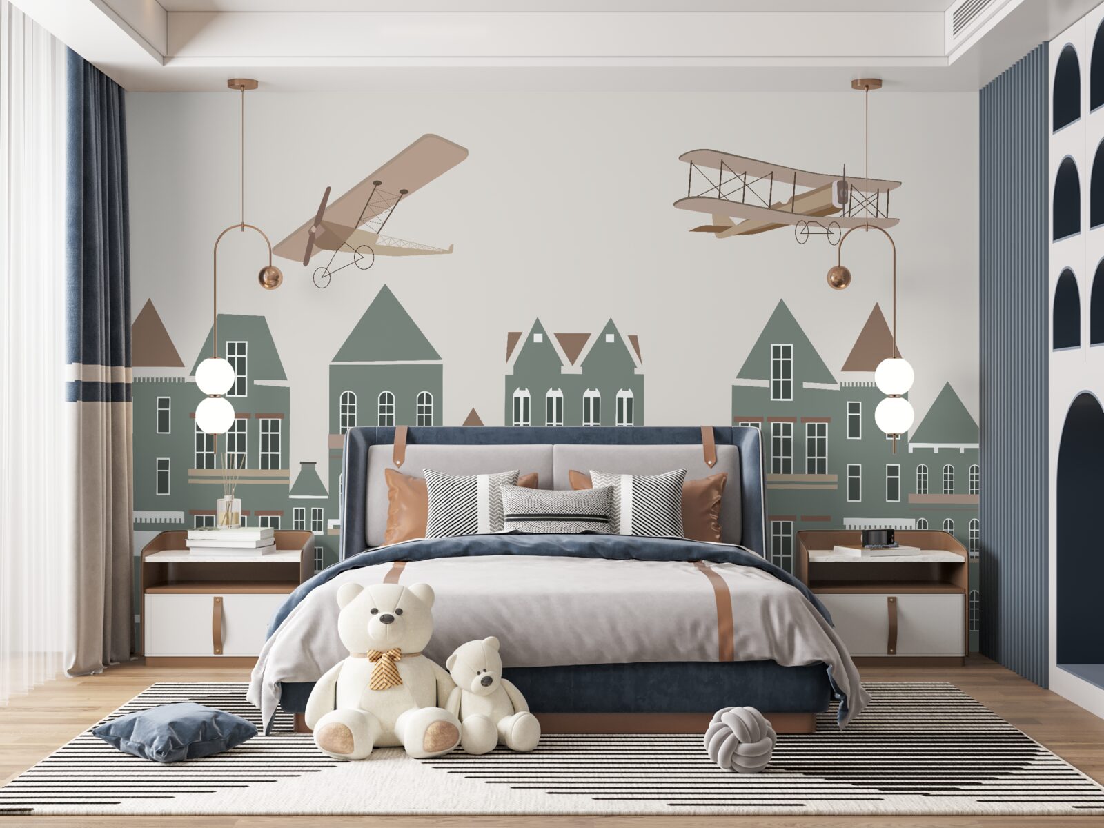 Fotobehang vliegtuigen zweven boven huizen