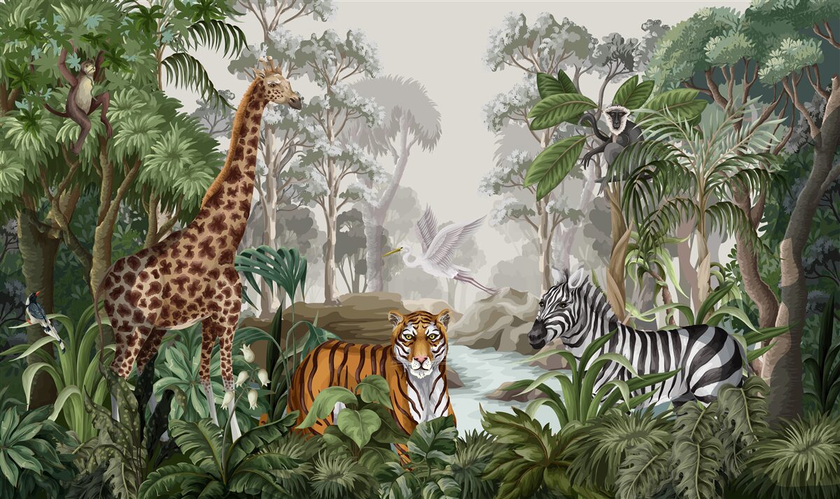 Fotobehang Giraffe, tijger en zebra in het regenwoud