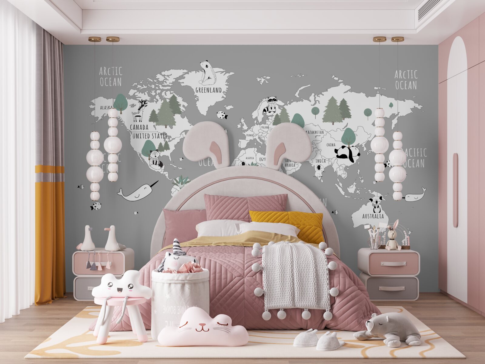 Fotobehang wereldkaart in wit, versierd met panda's