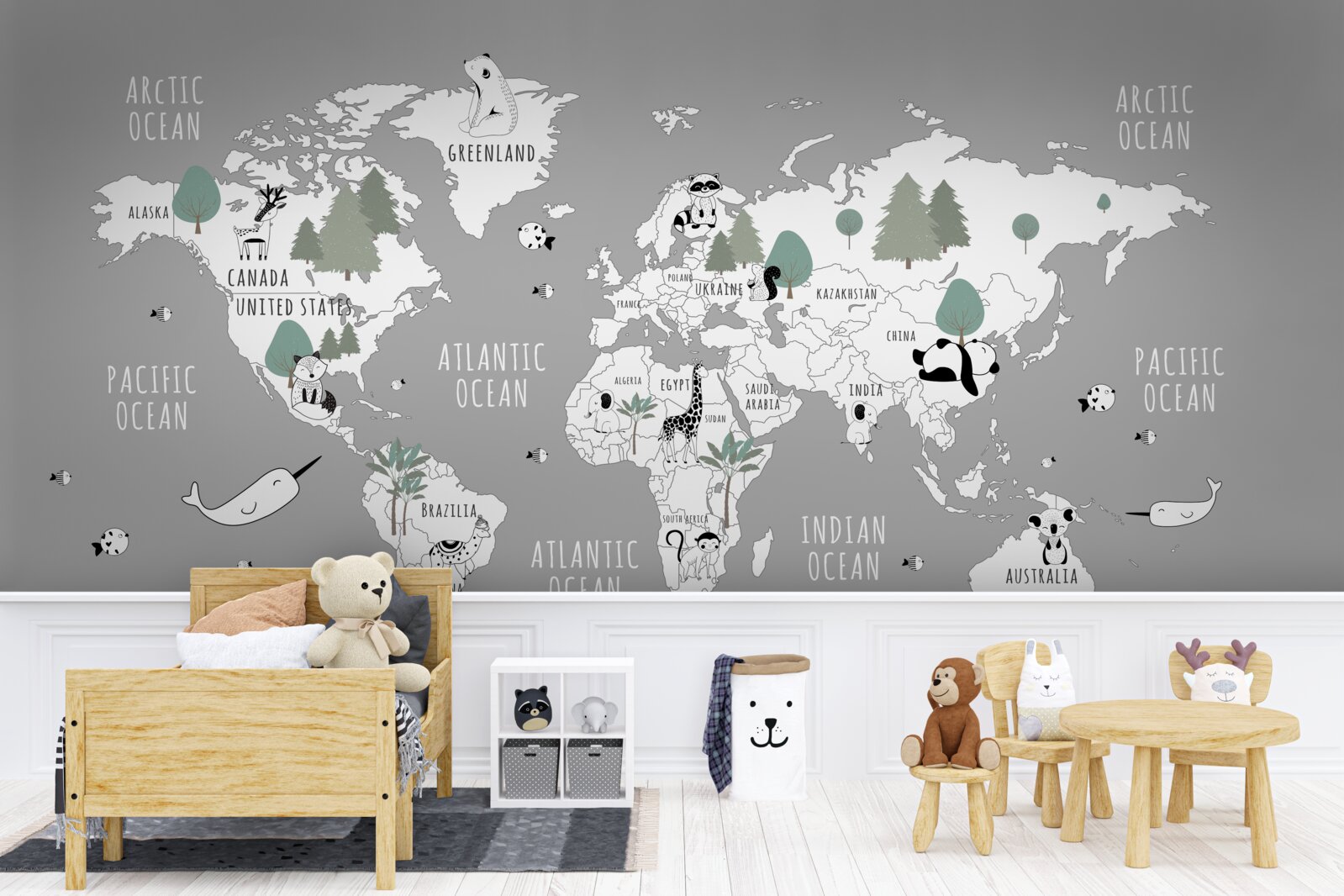 Fotobehang wereldkaart in wit, versierd met panda's