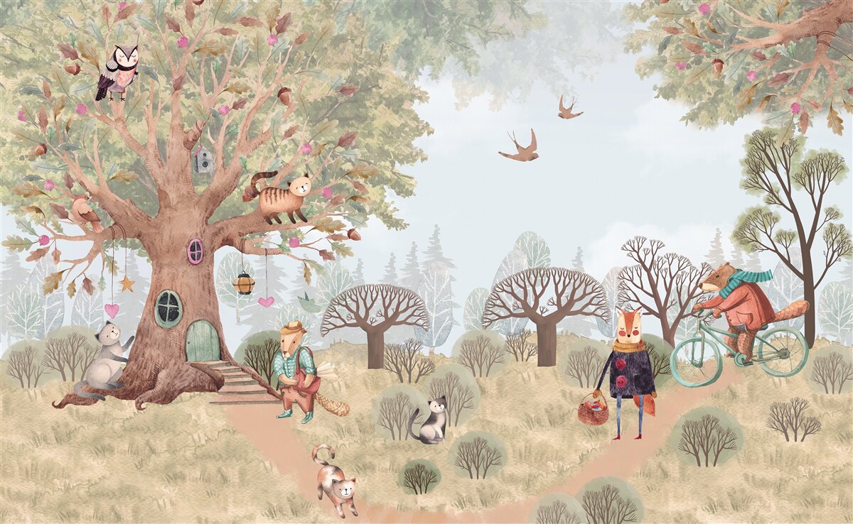 Fotobehang een dierenhuis in een magische boom