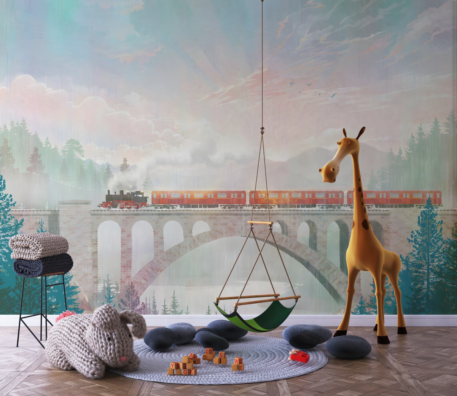 Fotobehang een trein rijdt over de brug