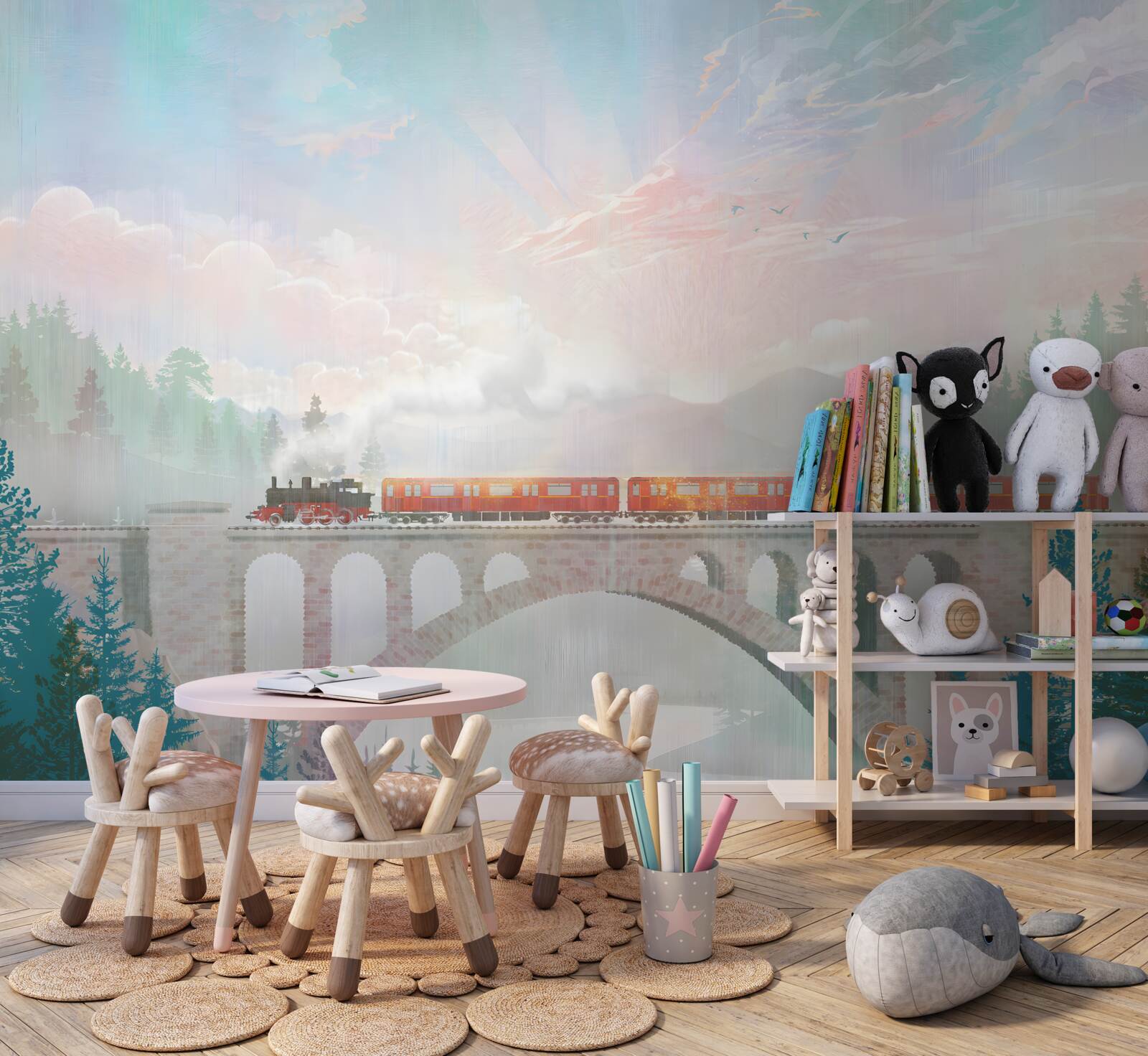 Fotobehang een trein rijdt over de brug