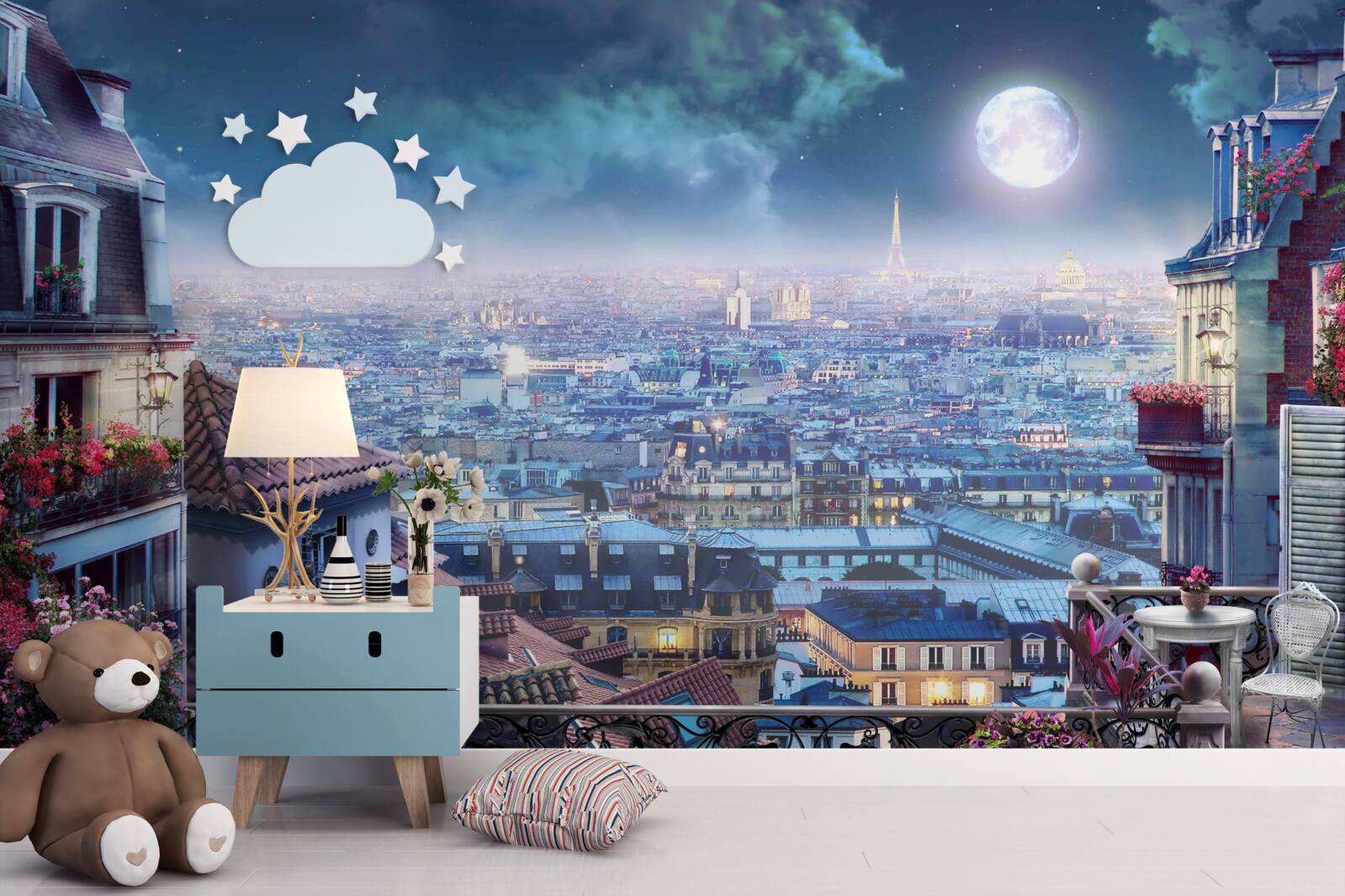 Fotobehang panorama van het slapende parijs vanaf een balkon