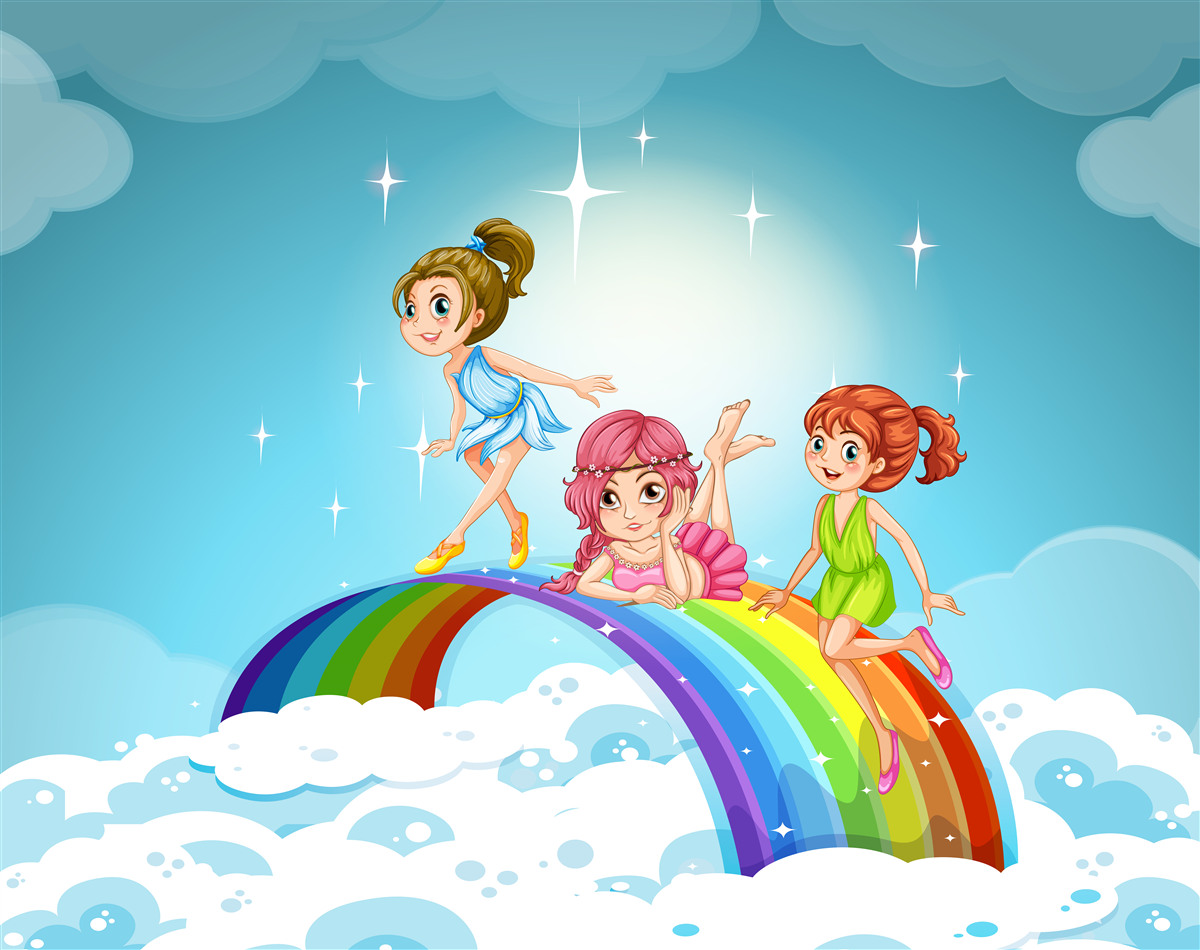Fotobehang meisjes tussen de wolken op de regenboog