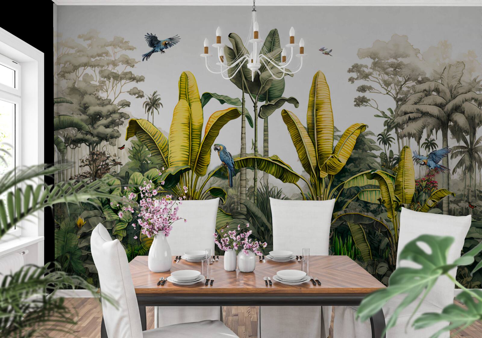 Fotobehang tropische planten, waaronder hoge palmen