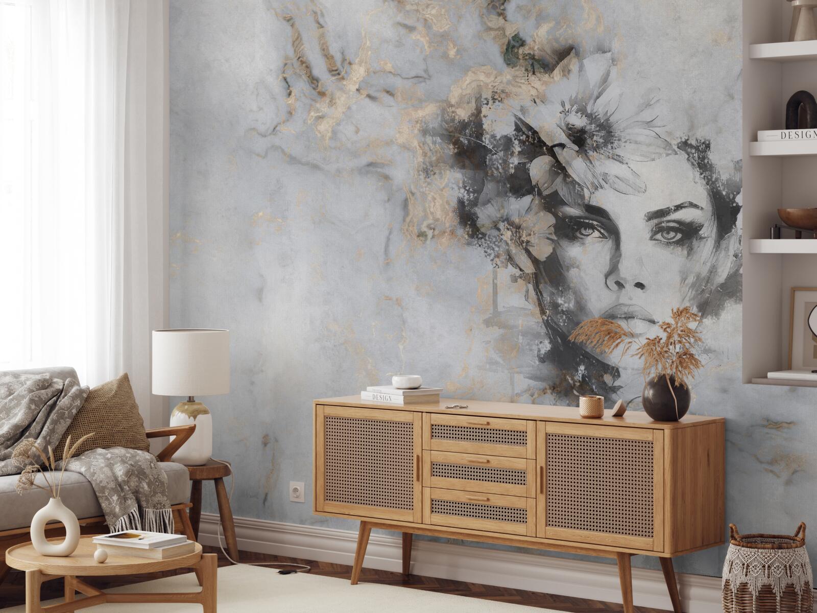 Fotobehang bloemen en een meisje in aquarel