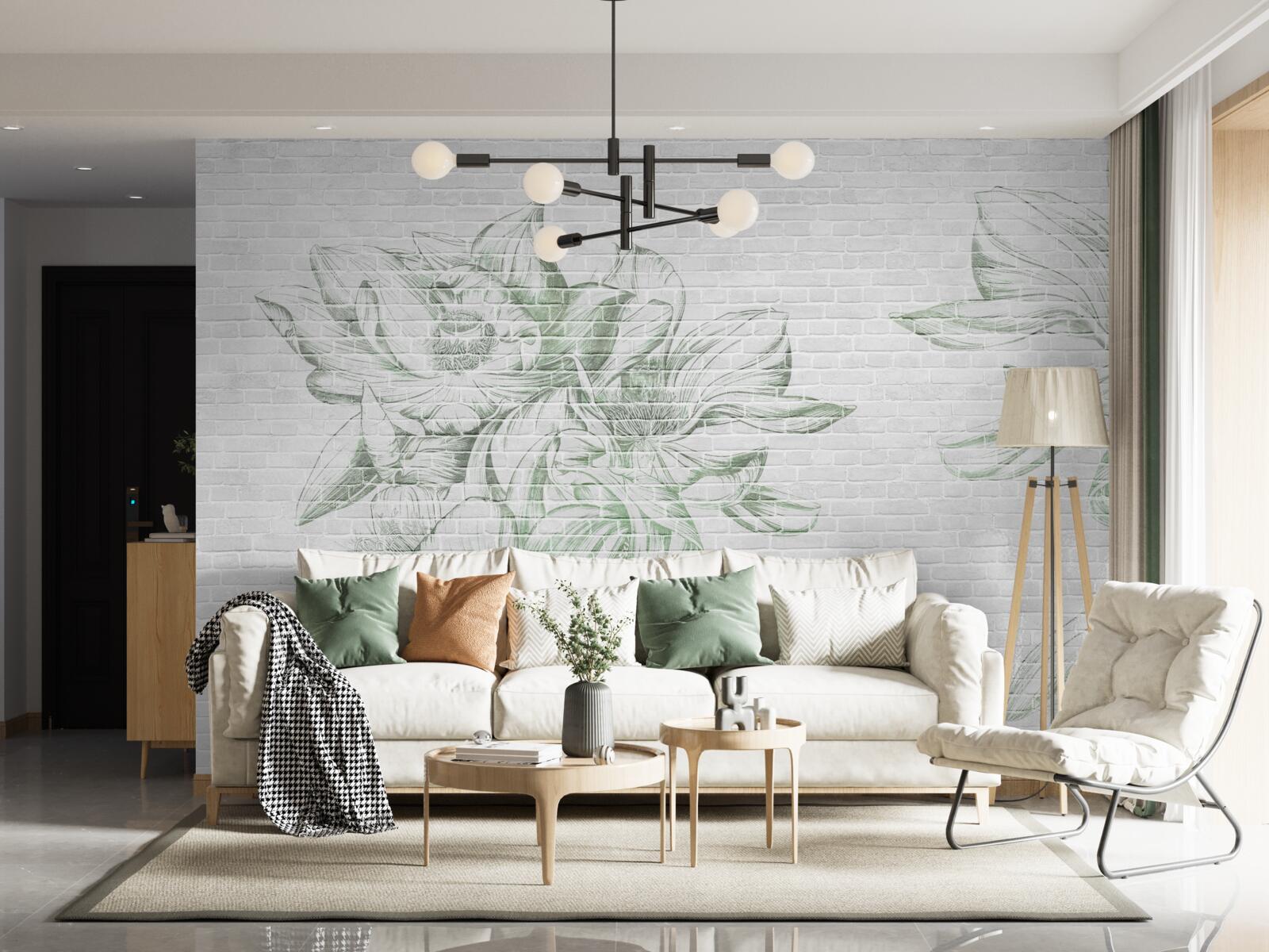 Fotobehang bakstenen muur en bloemen