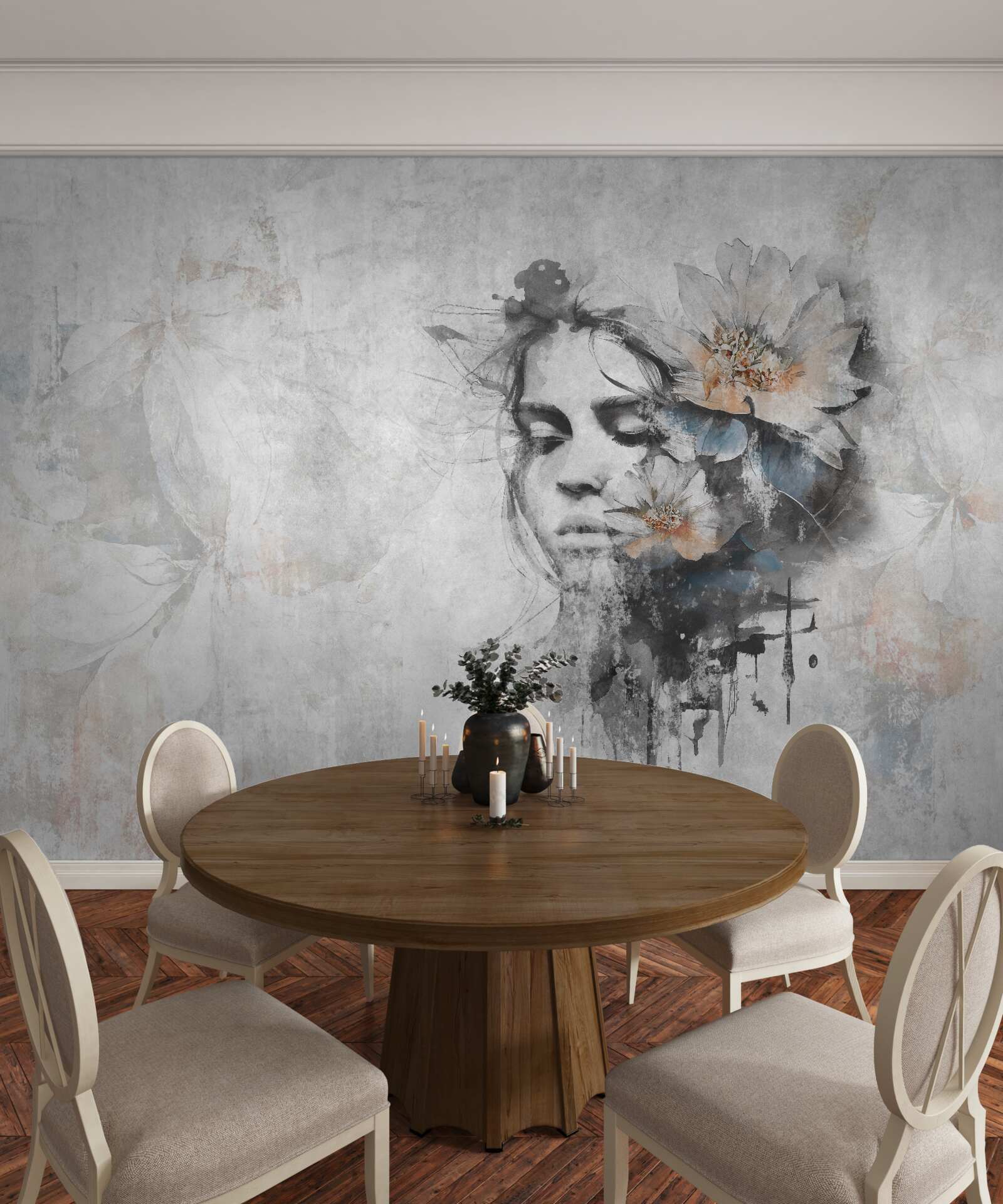 Fotobehang meisje met boeket bloemen