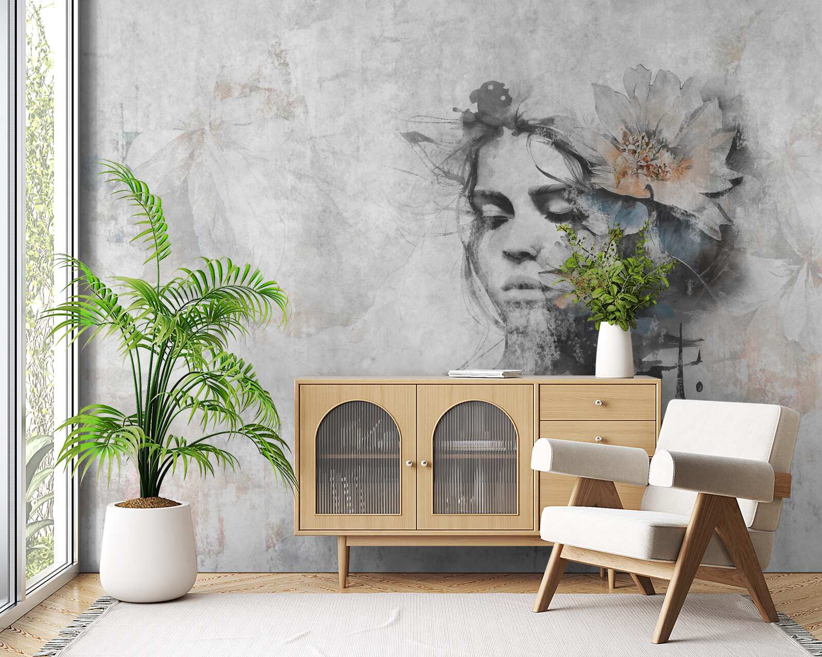 Fotobehang meisje met boeket bloemen
