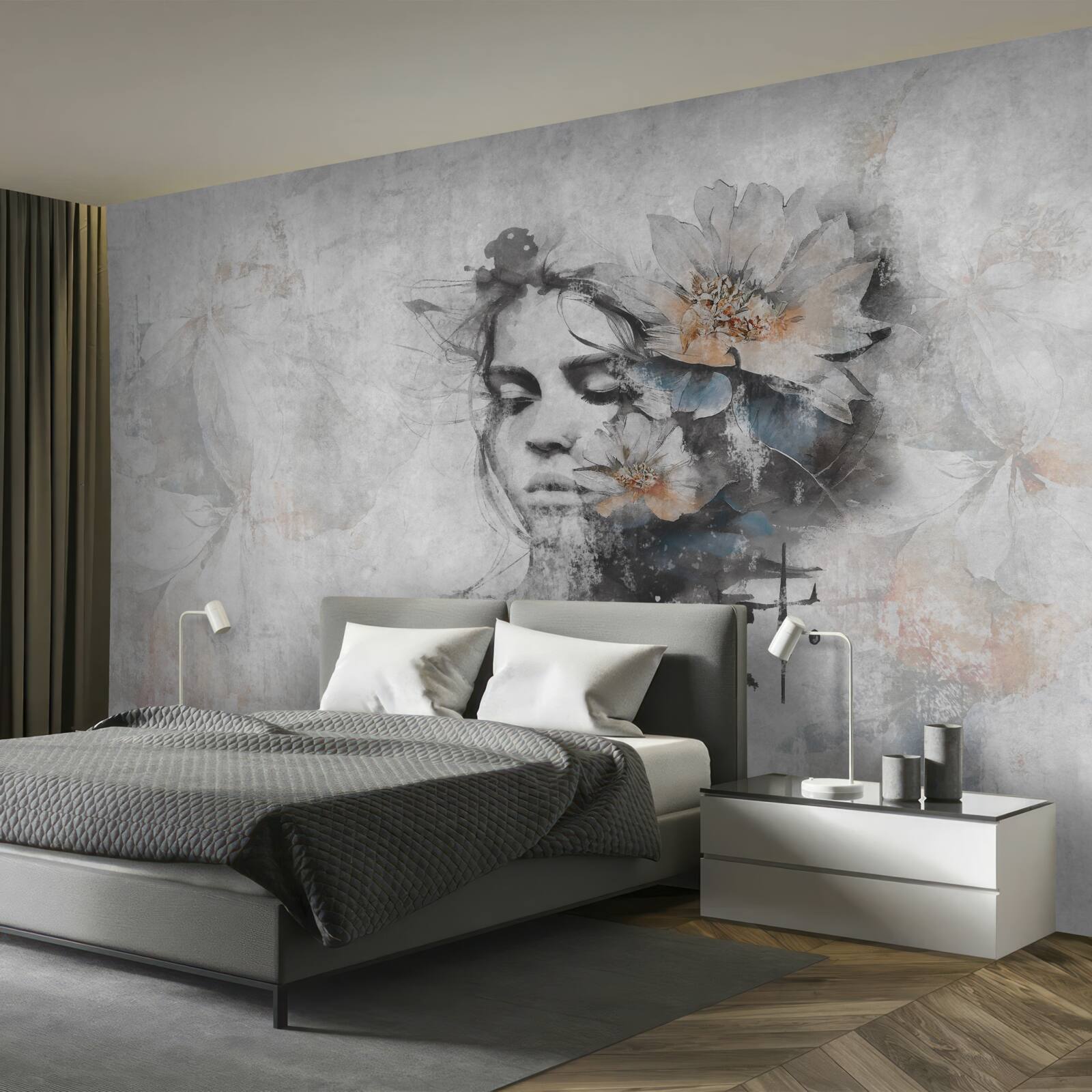 Fotobehang meisje met boeket bloemen