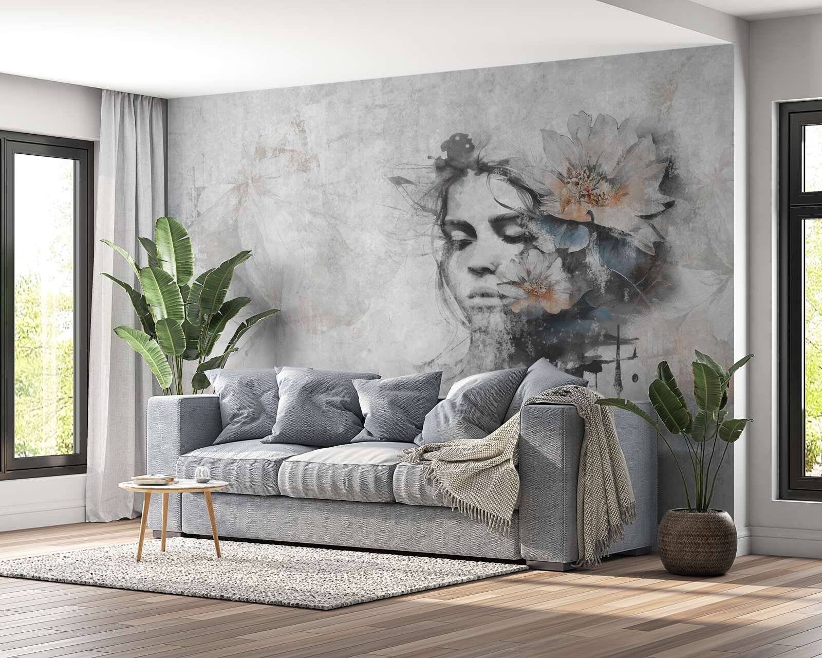 Fotobehang meisje met boeket bloemen