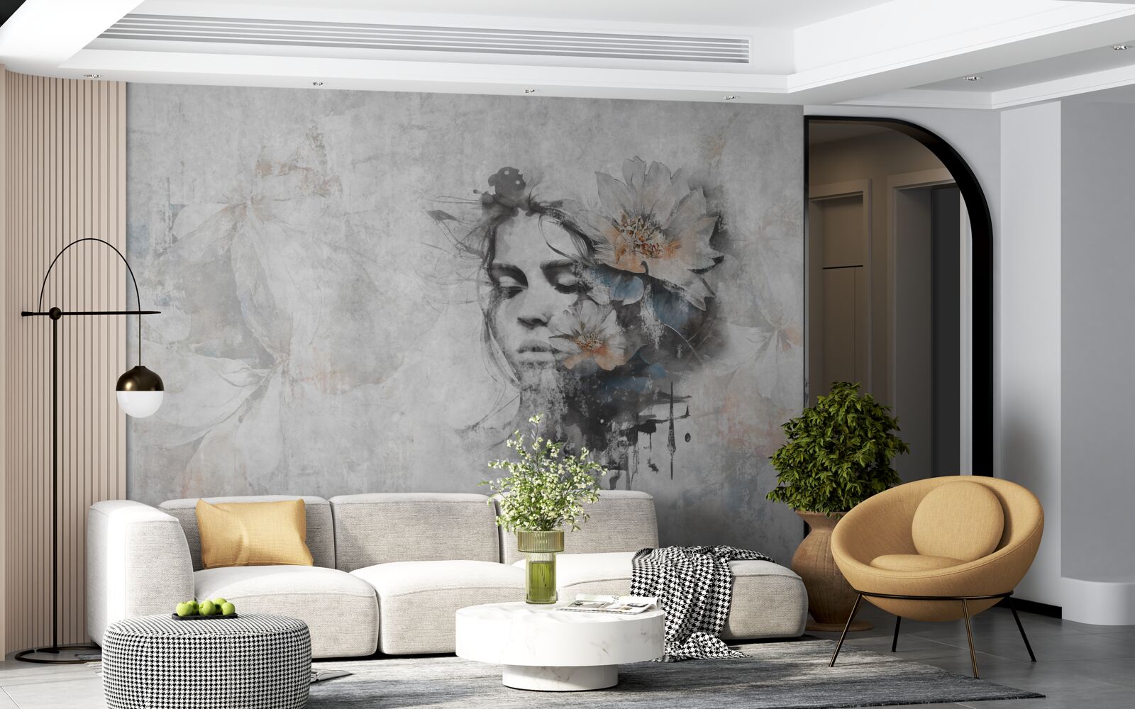 Fotobehang meisje met boeket bloemen