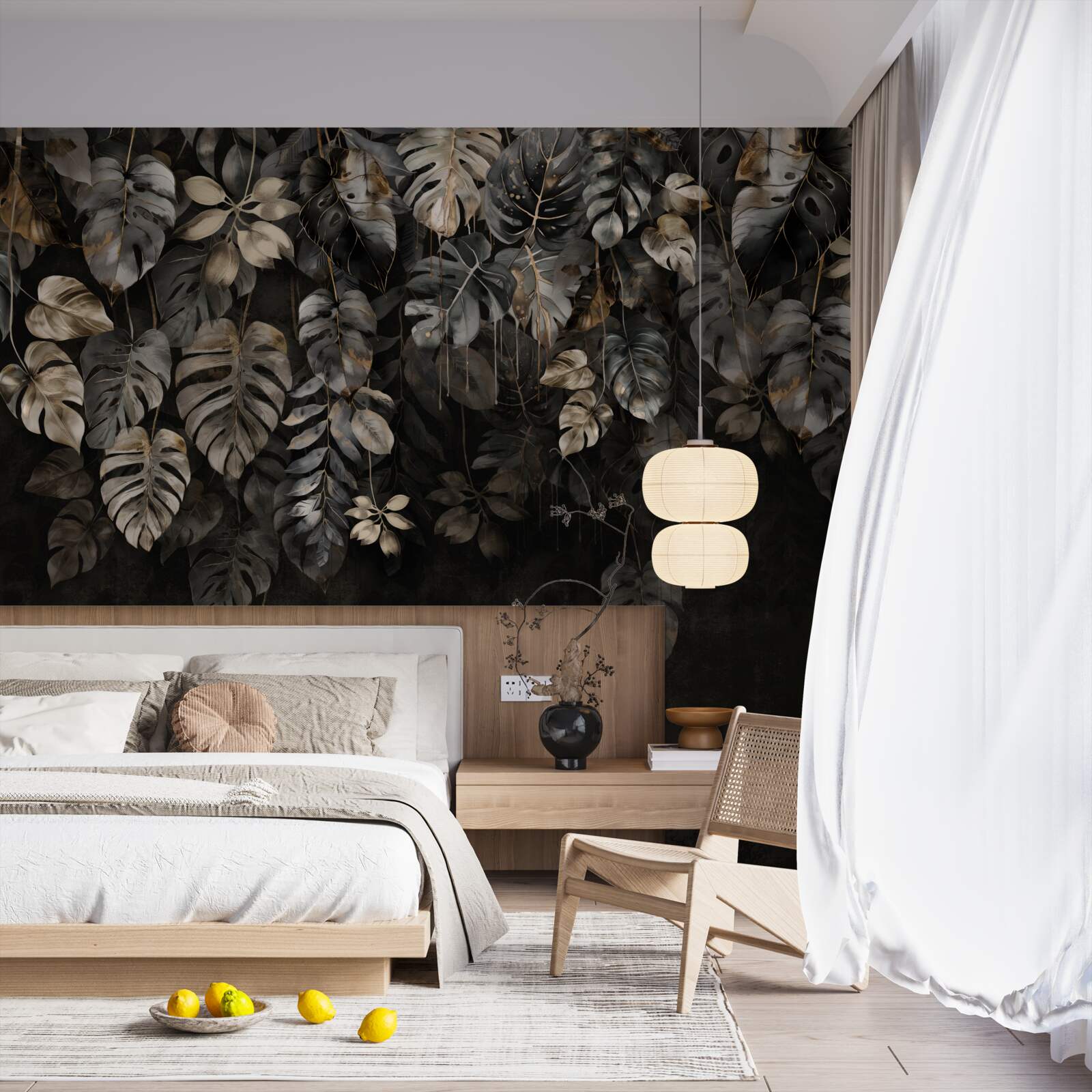 Fotobehang grote monstera bladeren bij nacht