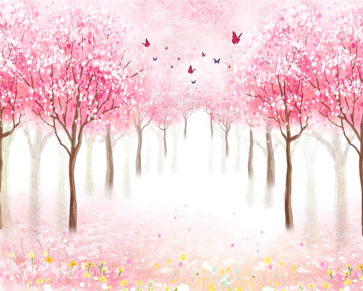 Fotobehang aquarel met sakura steegje