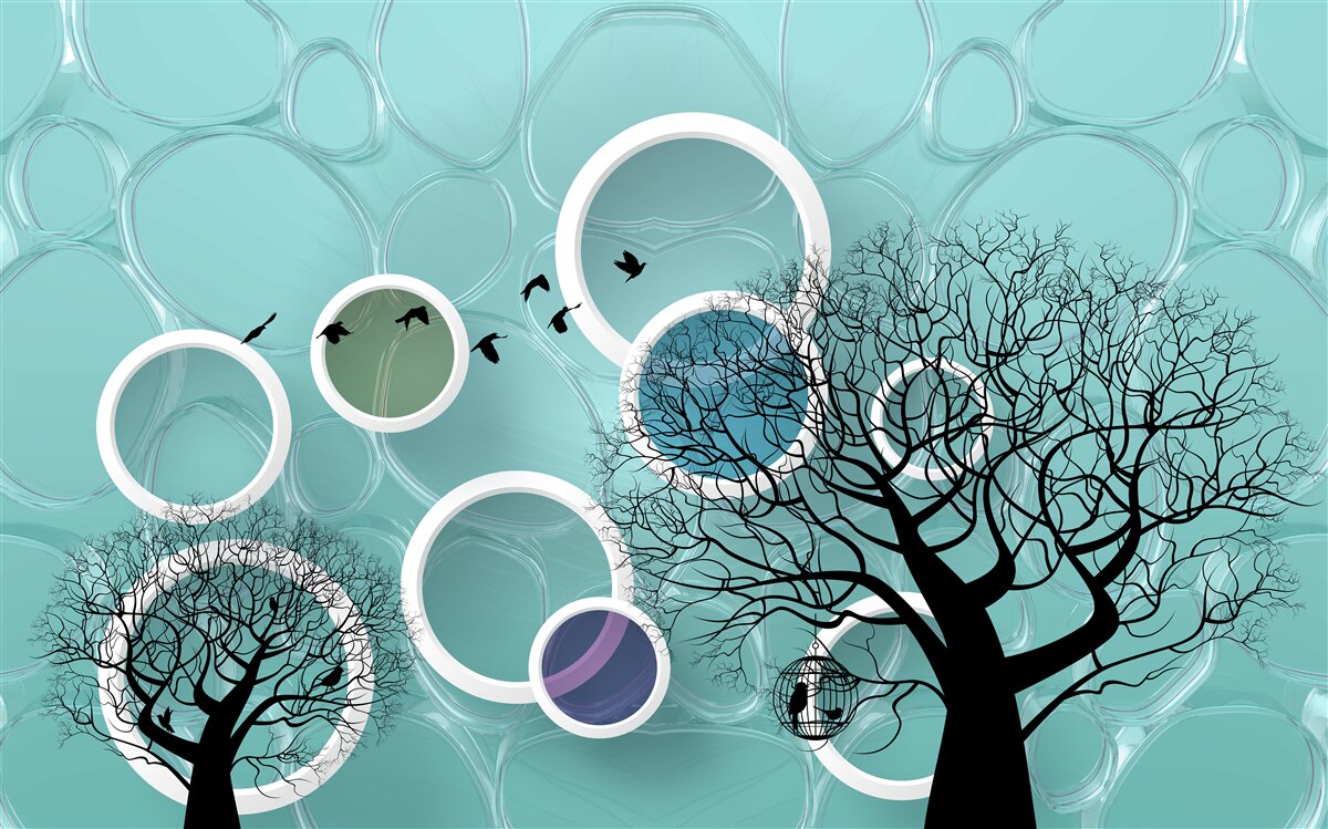 Fotobehang turquoise cirkels en bomen