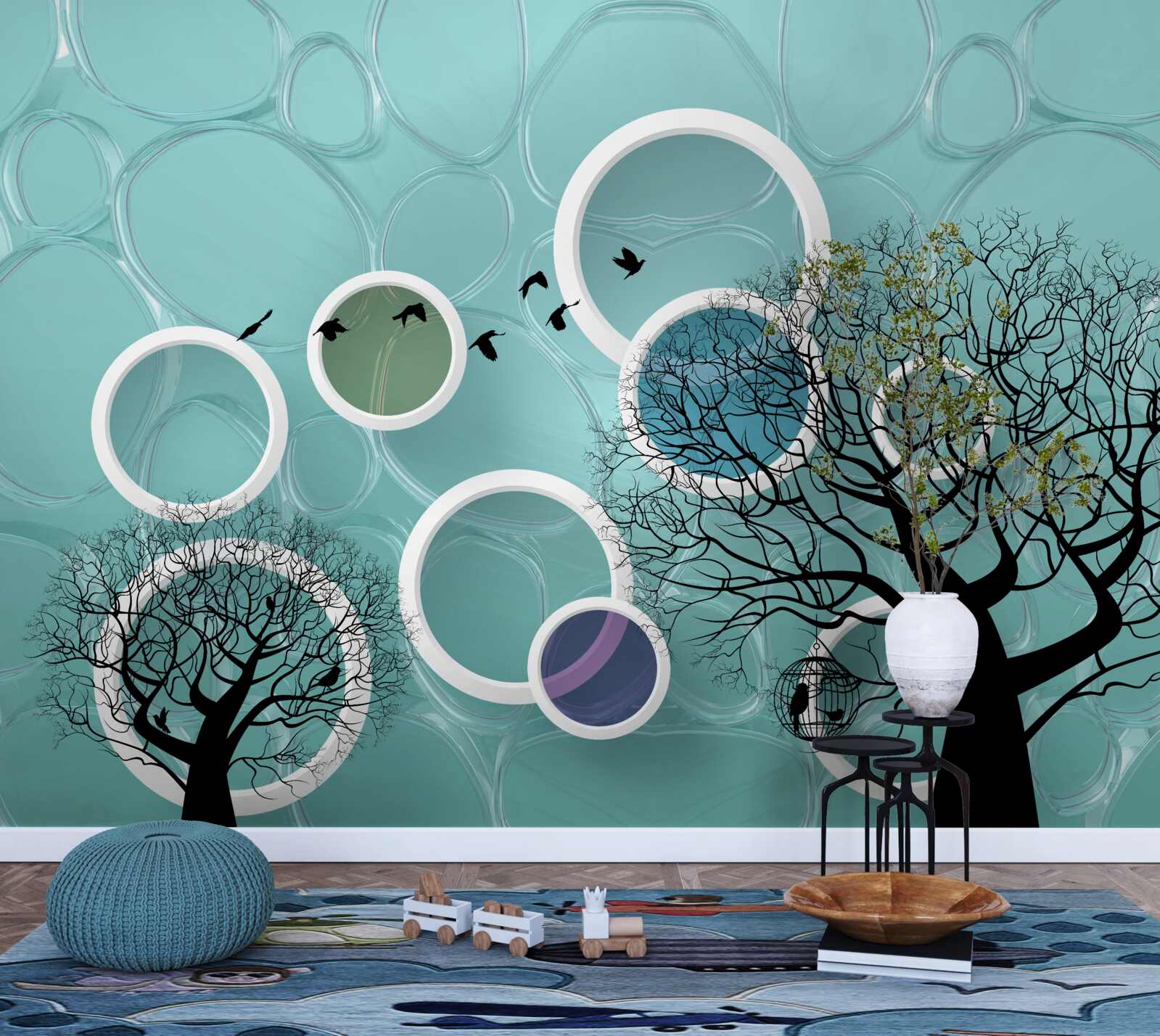 Fotobehang turquoise cirkels en bomen