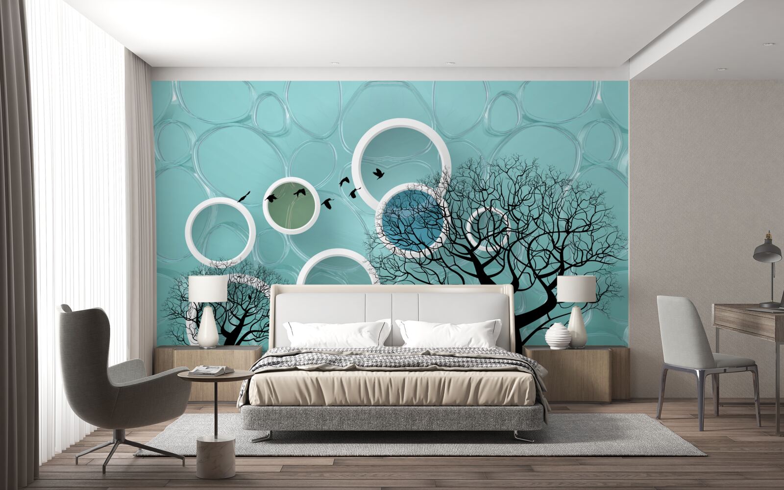 Fotobehang turquoise cirkels en bomen