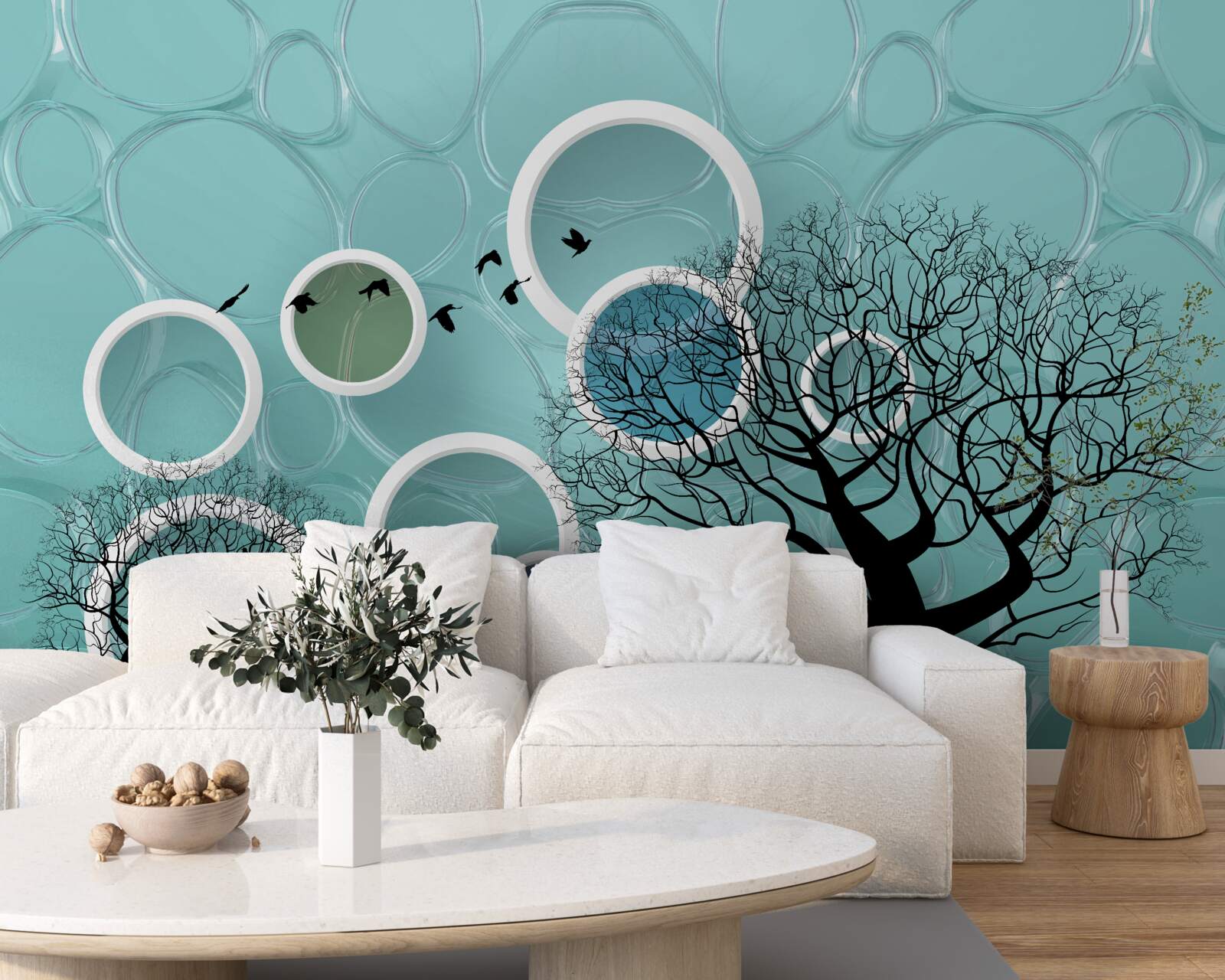 Fotobehang turquoise cirkels en bomen