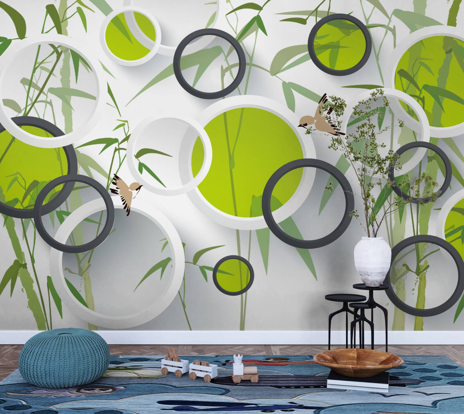 Fotobehang cirkels op planten en vogels