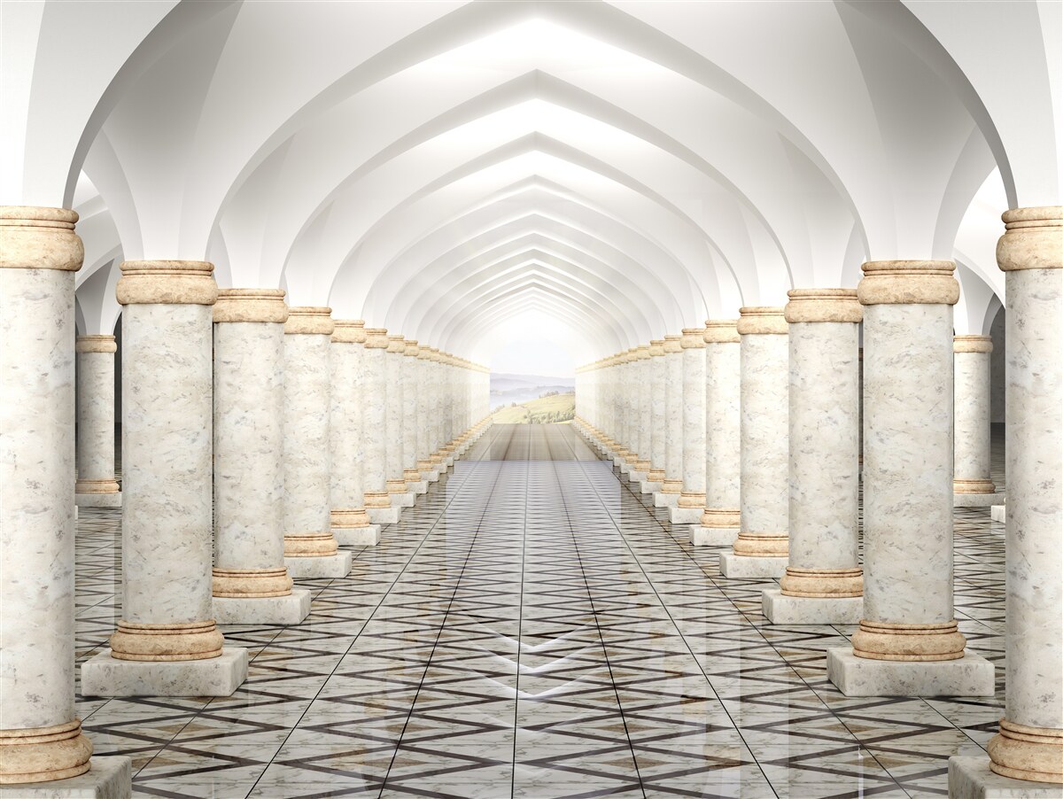 Fotobehang een eindeloze tunnel bezaaid met zuilen