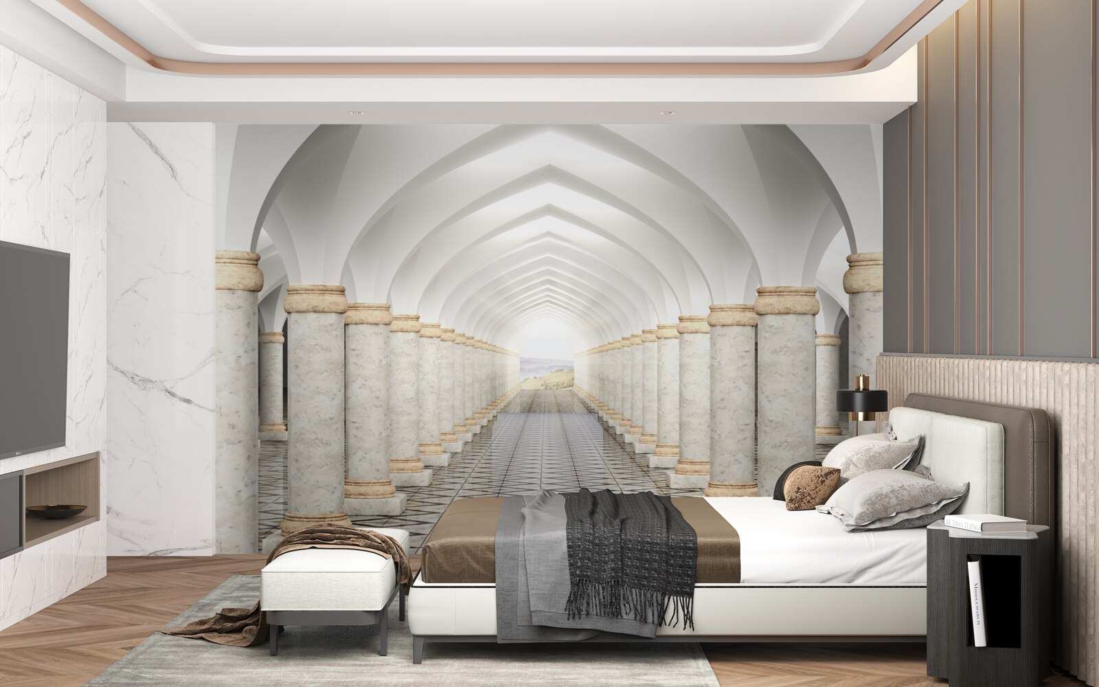 Fotobehang een eindeloze tunnel bezaaid met zuilen