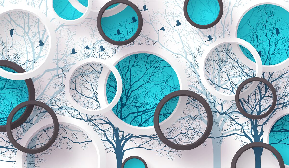 Fotobehang turquoise cirkels en bomen