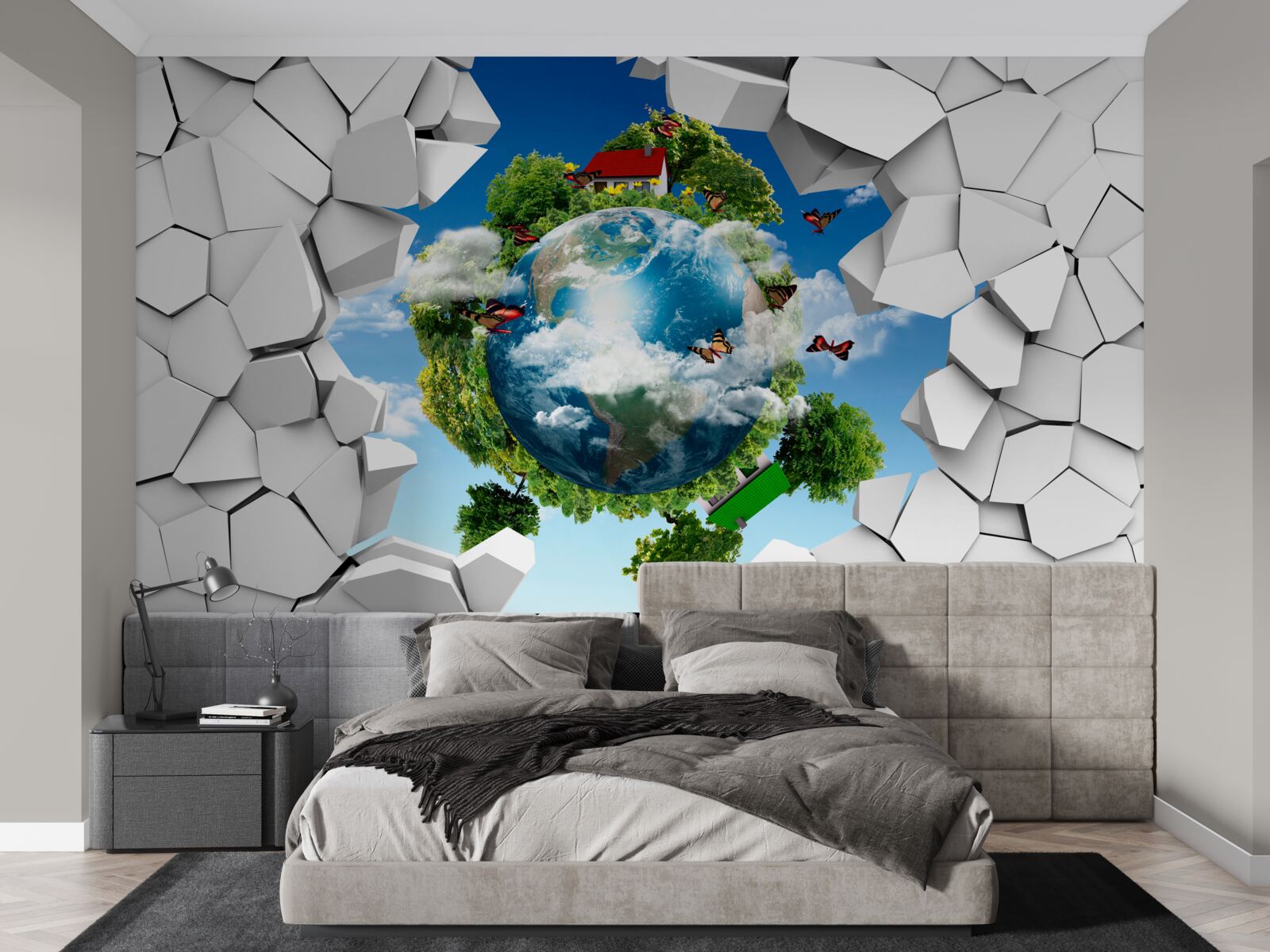 Fotobehang Een muur van steen en een planeet bedekt met groen