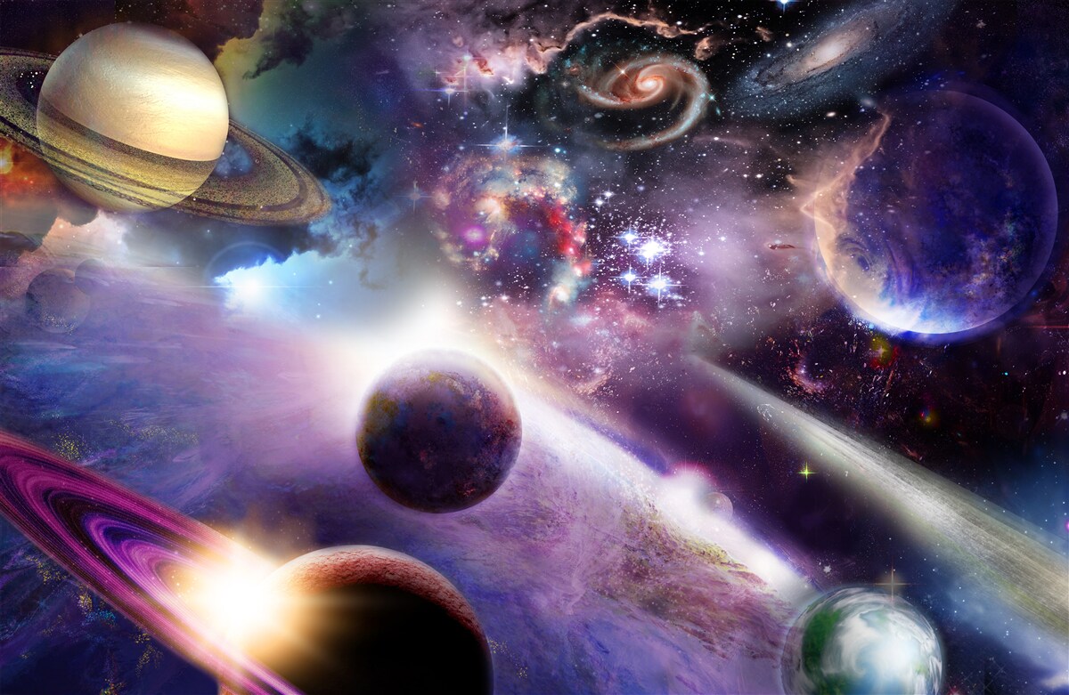Fotobehang de ruimte is oneindig en vol heldere planeten