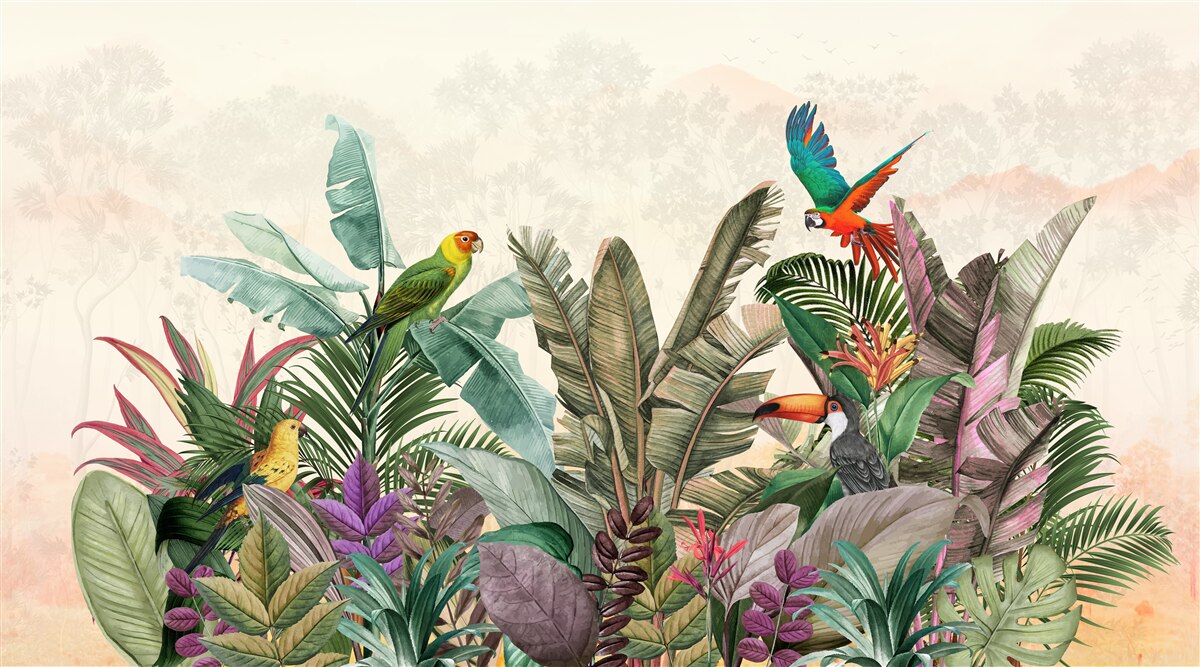 Fotobehang tropische bladeren versierd met vogels