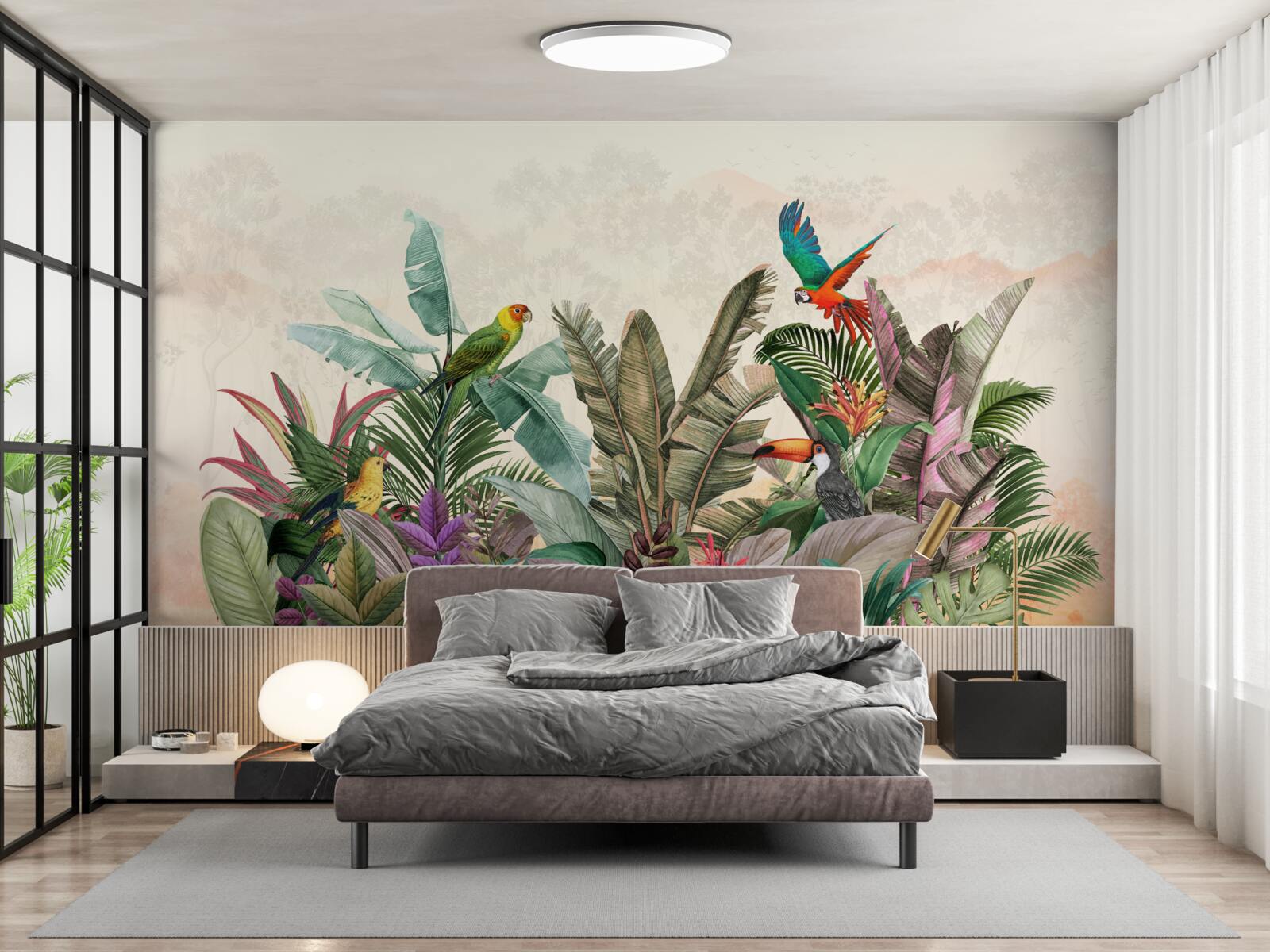 Fotobehang tropische bladeren versierd met vogels