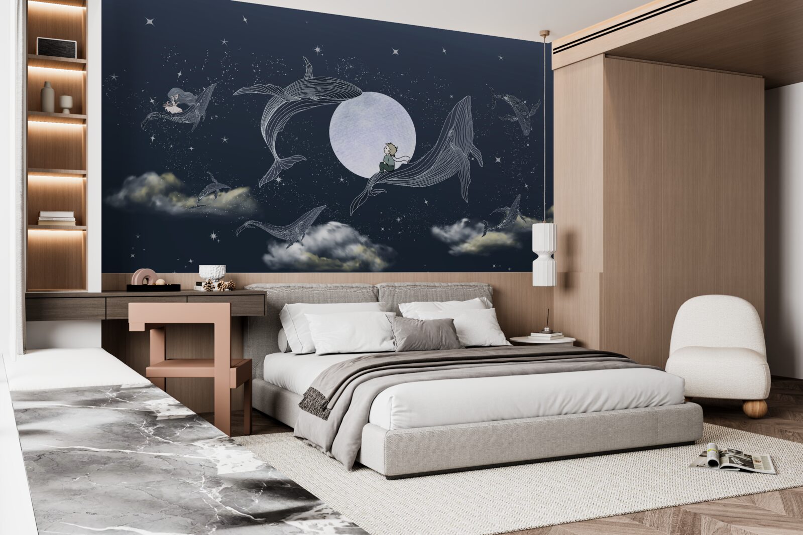 Fotobehang walvissen 's nachts onder de maan