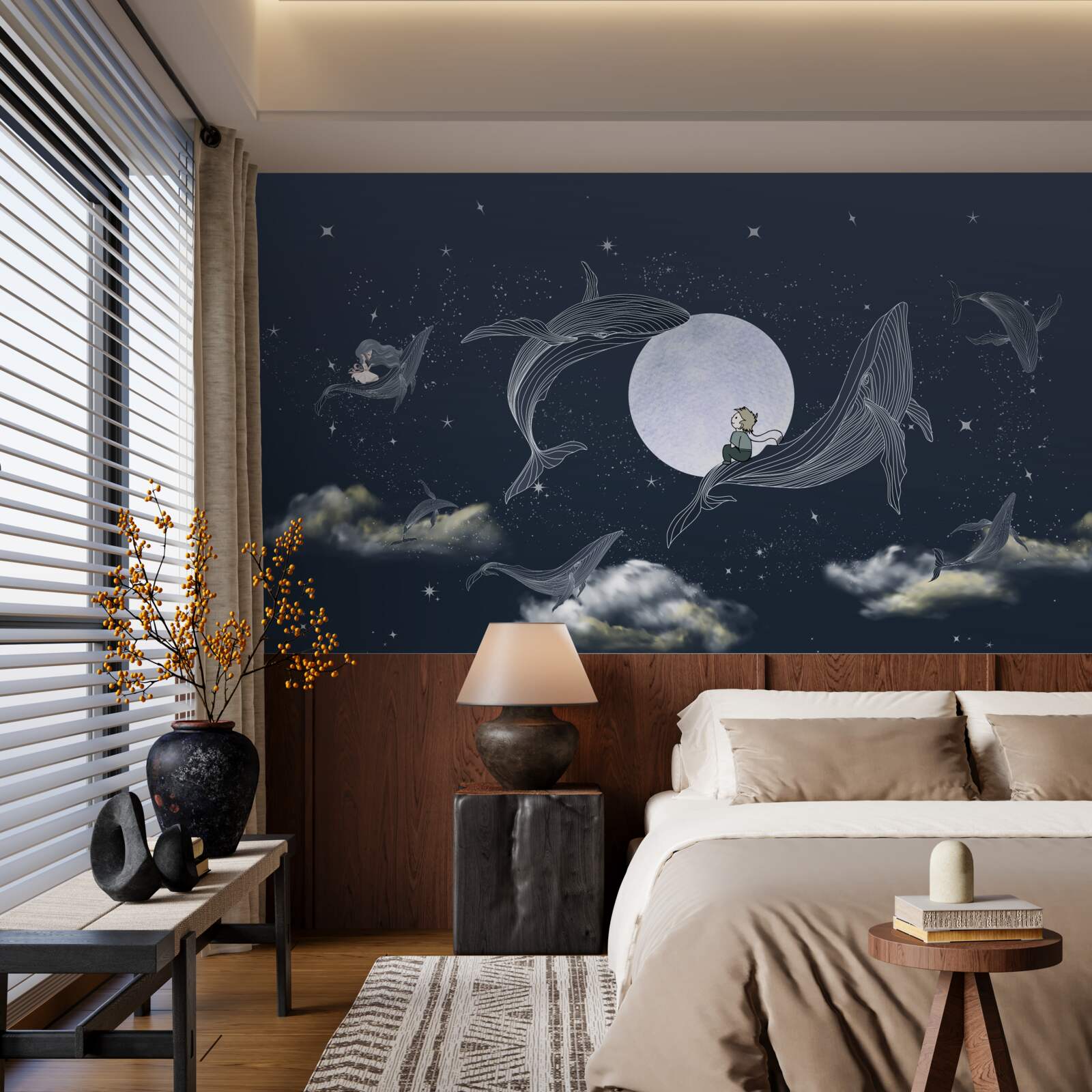 Fotobehang walvissen 's nachts onder de maan