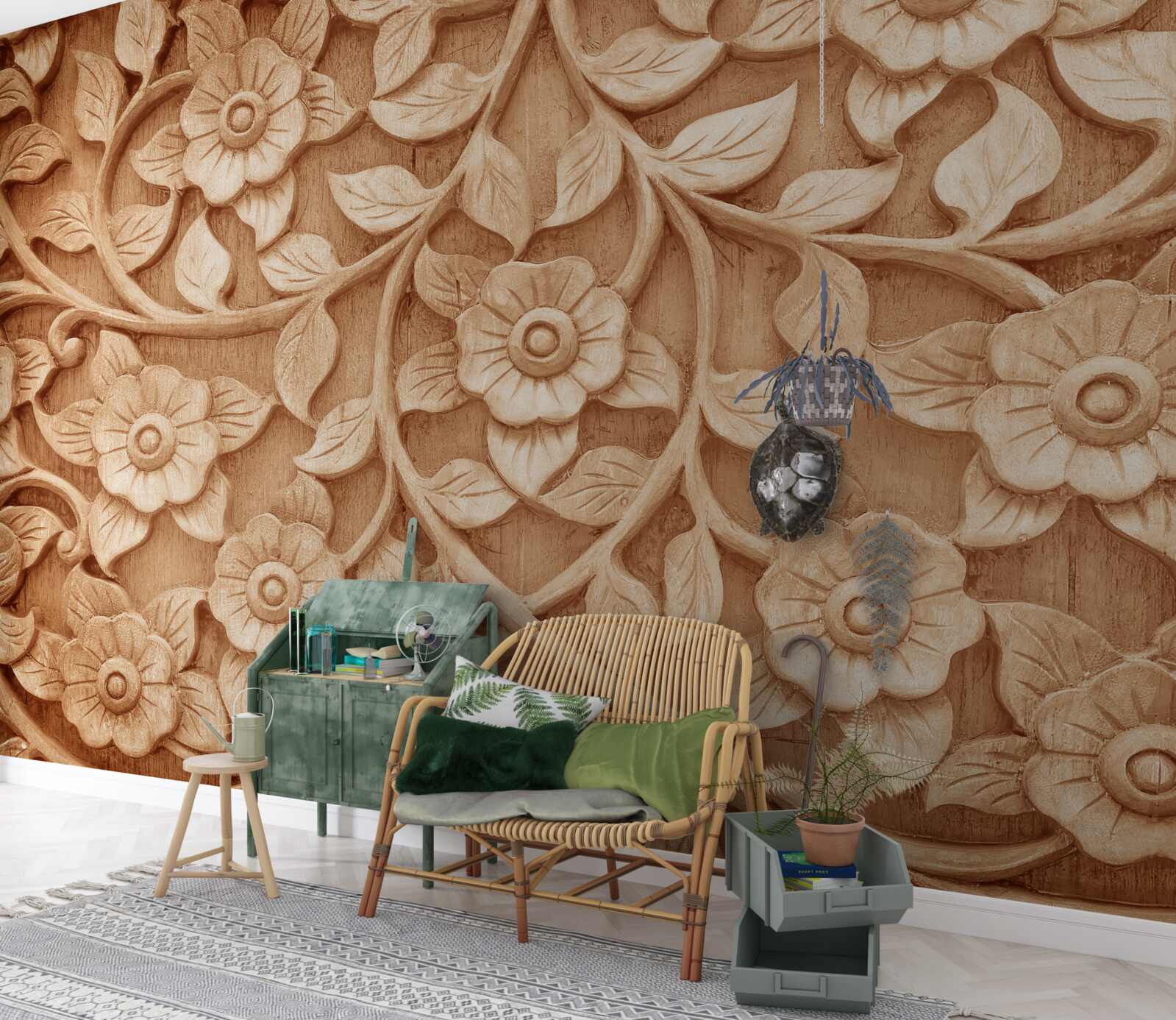 Fotobehang textuur van bloemen gemaakt van hout