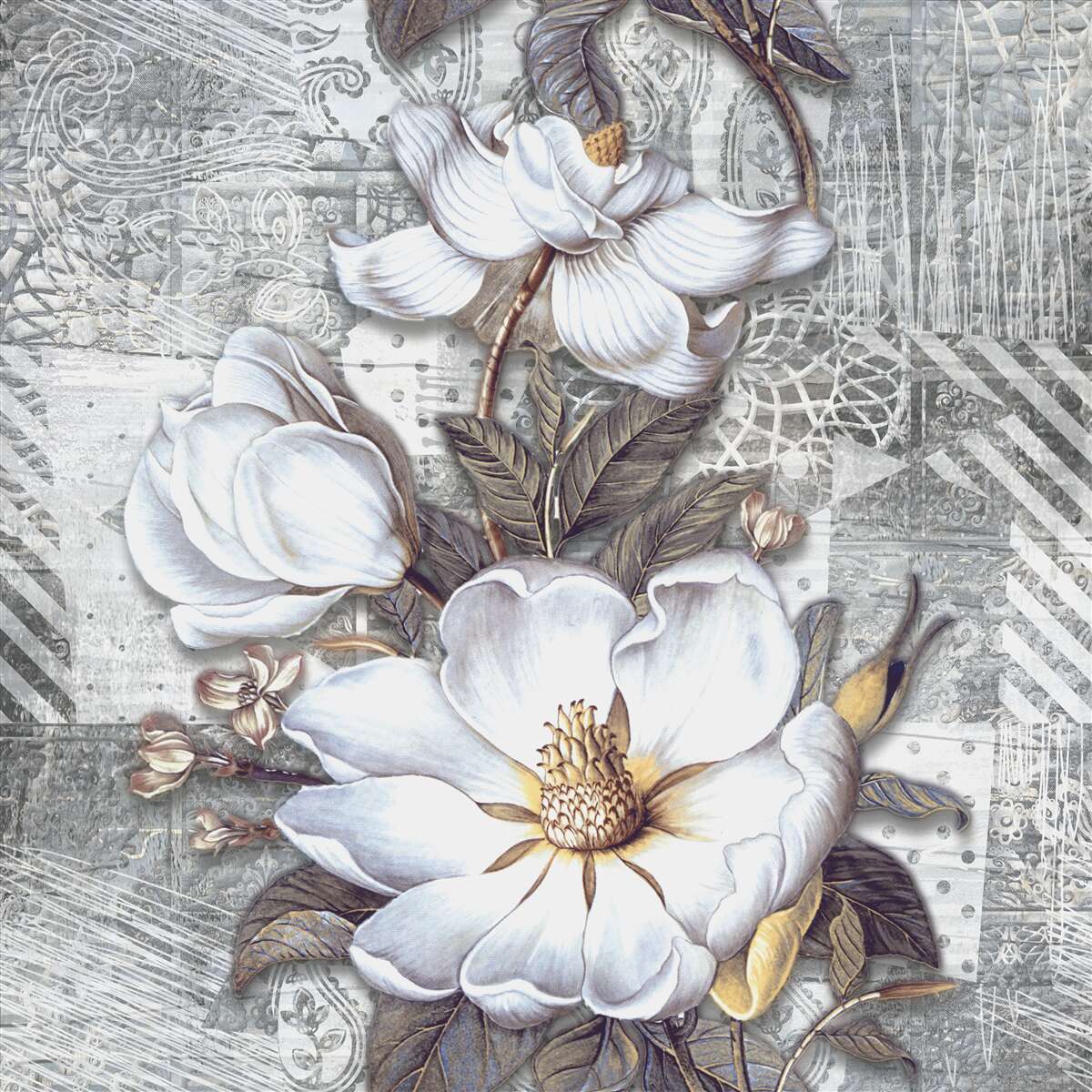 Fotobehang grote witte bloemen op een achtergrond van abstracte patronen