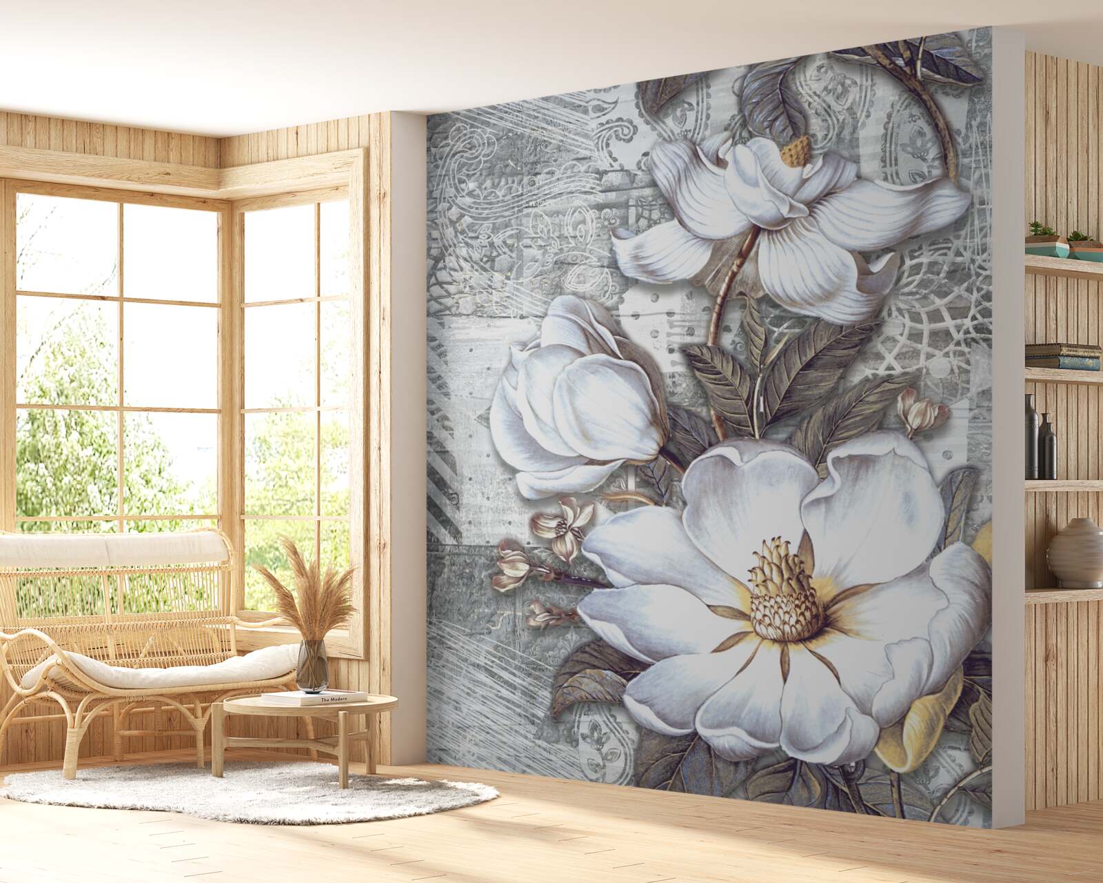 Fotobehang grote witte bloemen op een achtergrond van abstracte patronen